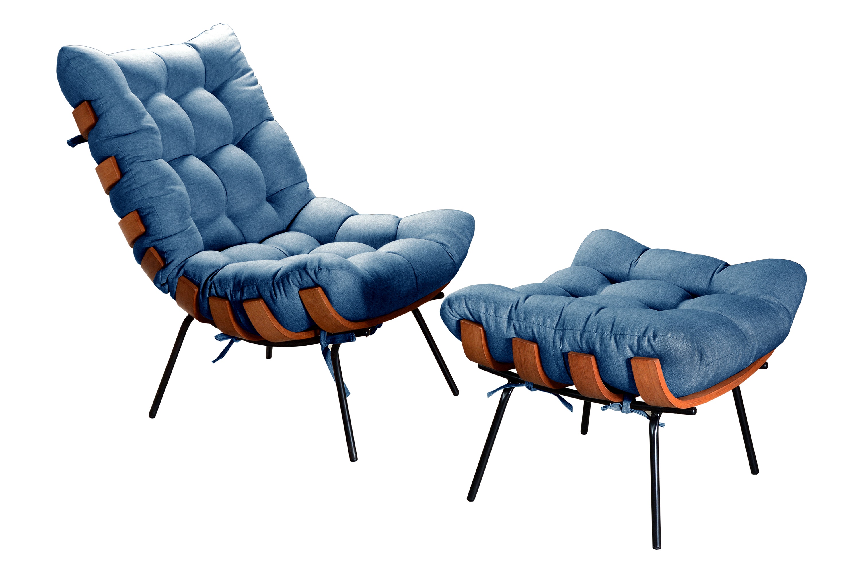 Poltrona Com Puff Costela Base Fixa Linho Azul Bella Decor