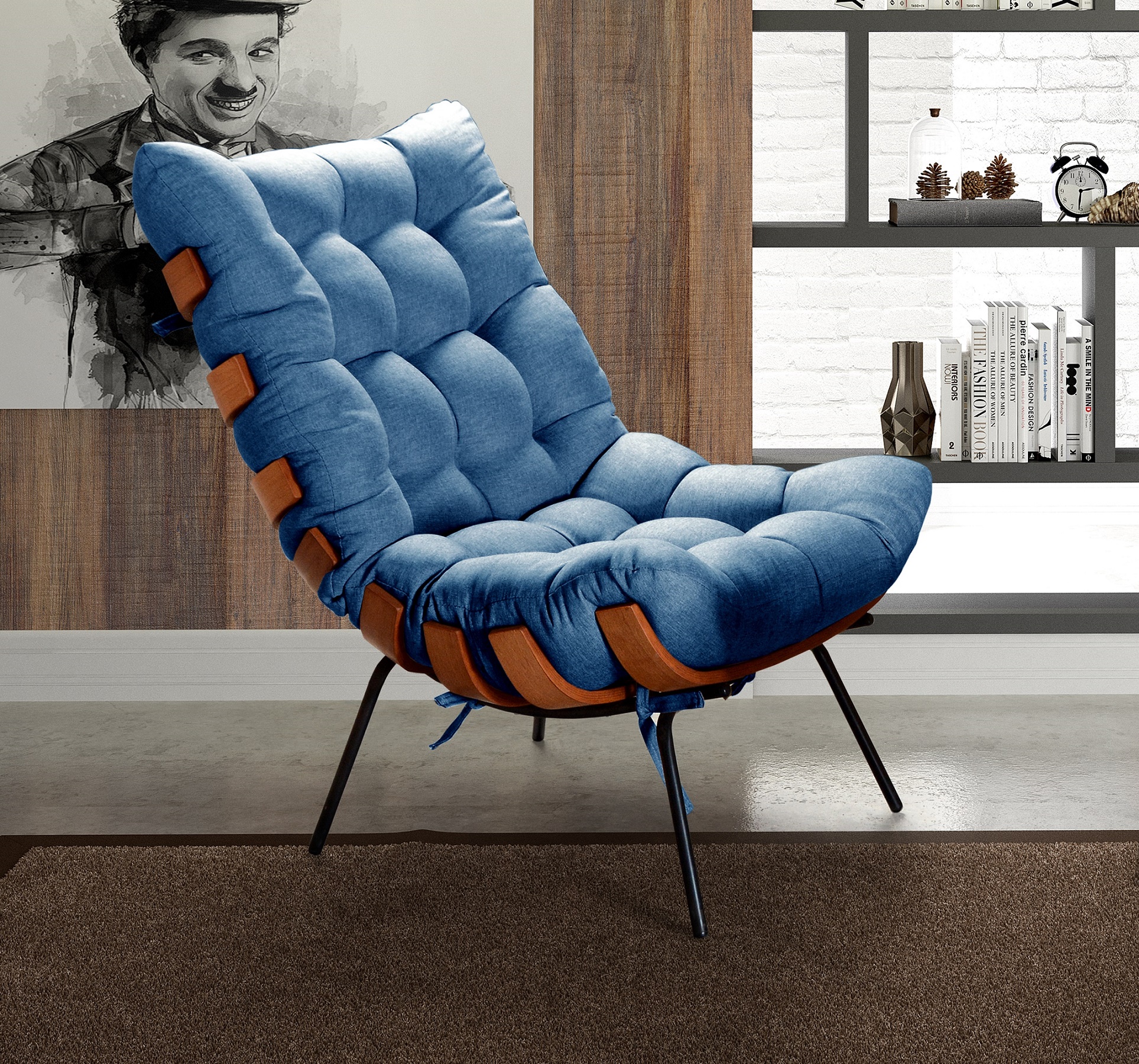 Poltrona Com Puff Costela Base Fixa Linho Azul Bella Decor