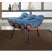 Poltrona Com Puff Costela Base Fixa Linho Azul Bella Decor