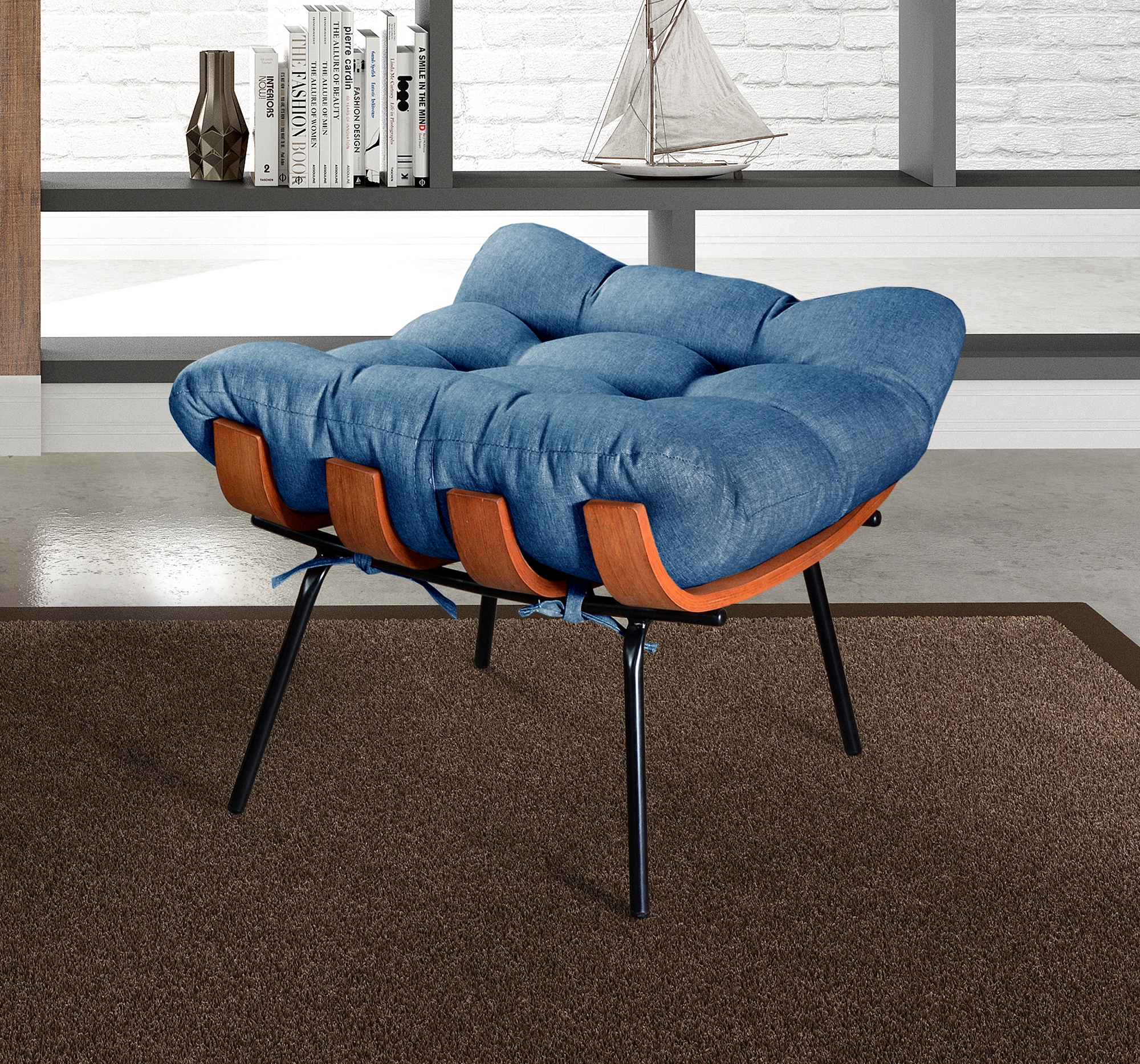 Poltrona Com Puff Costela Base Fixa Linho Azul Bella Decor