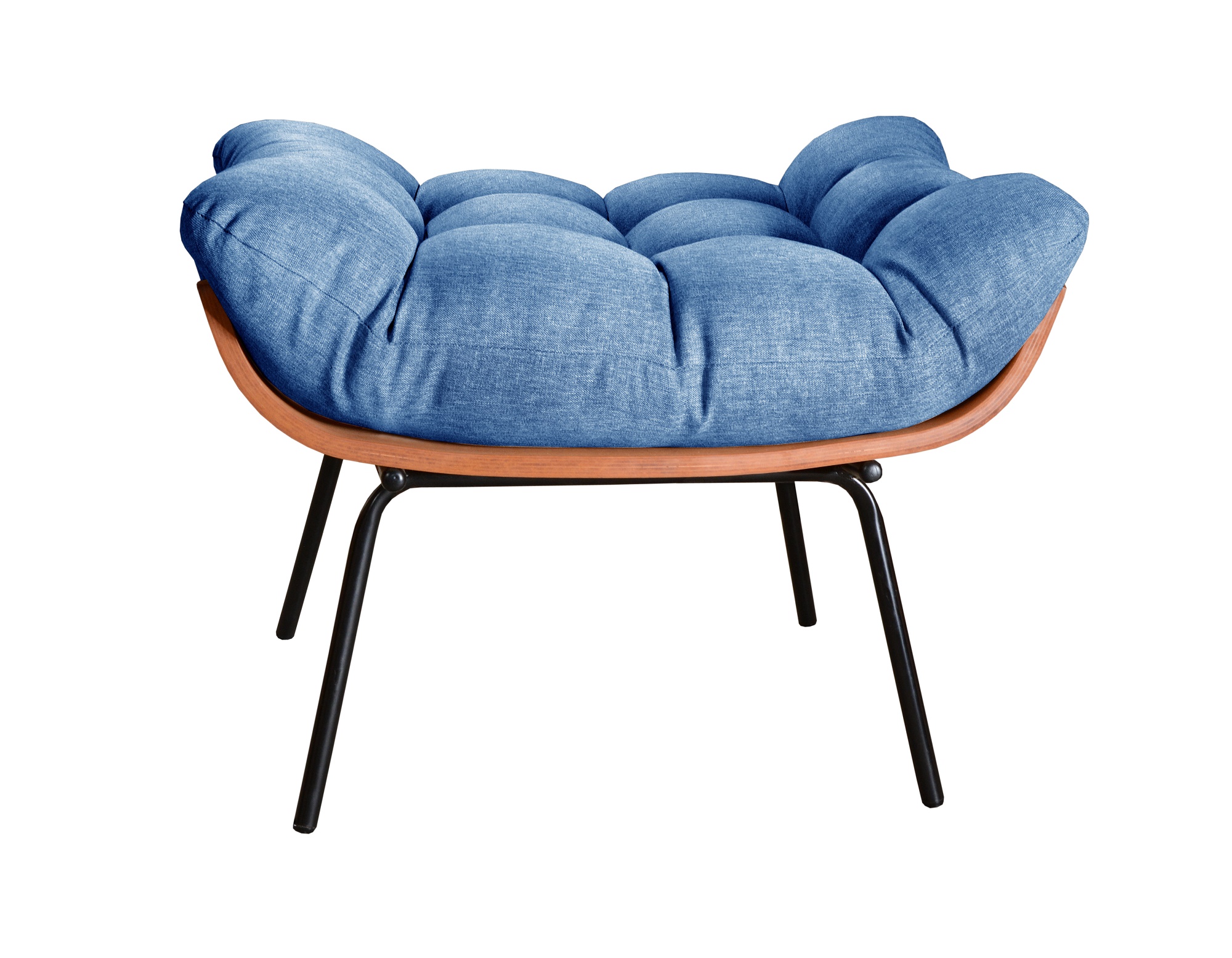 Poltrona Com Puff Costela Base Fixa Linho Azul Bella Decor