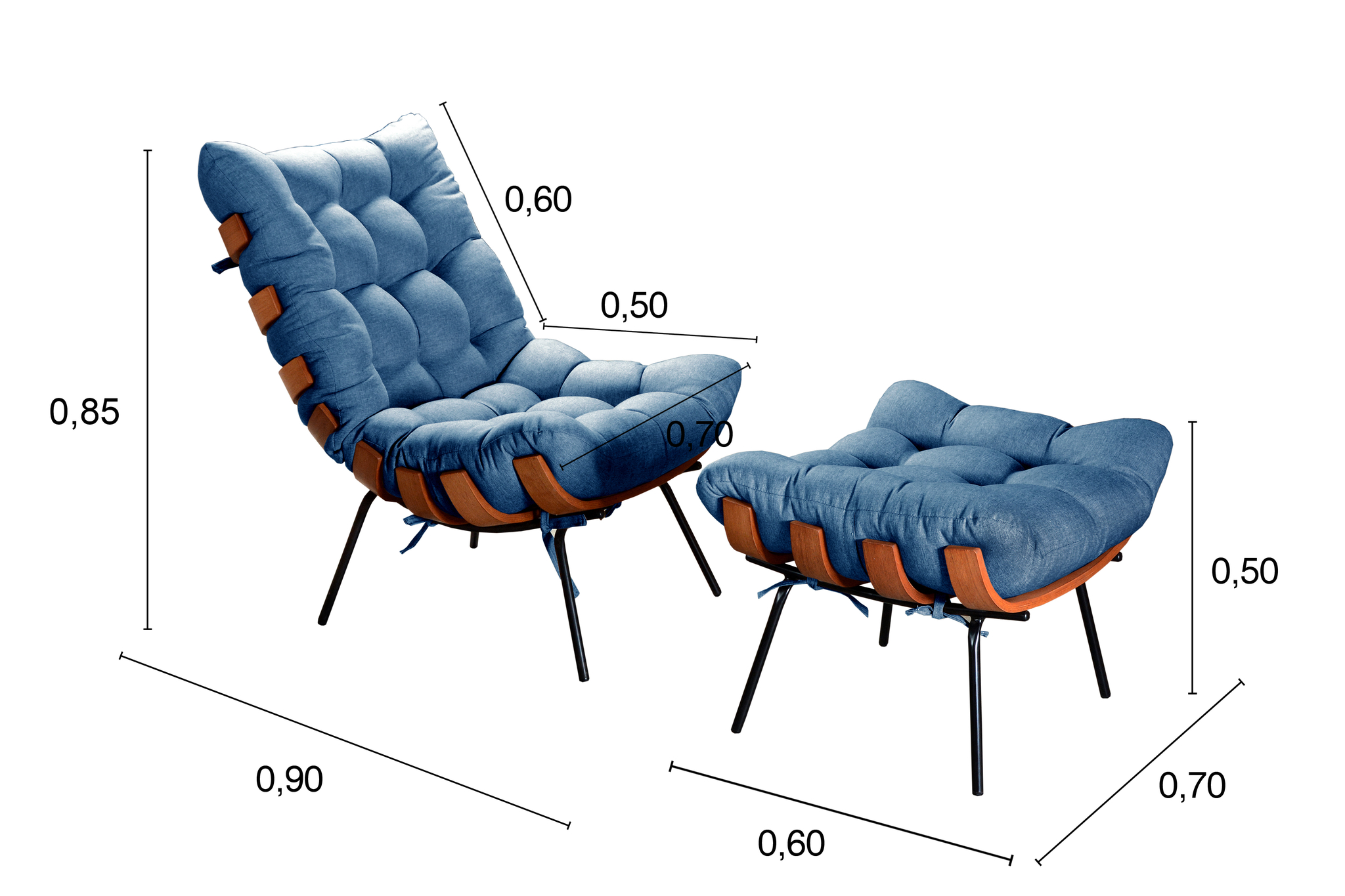 Poltrona Com Puff Costela Base Fixa Linho Azul Bella Decor