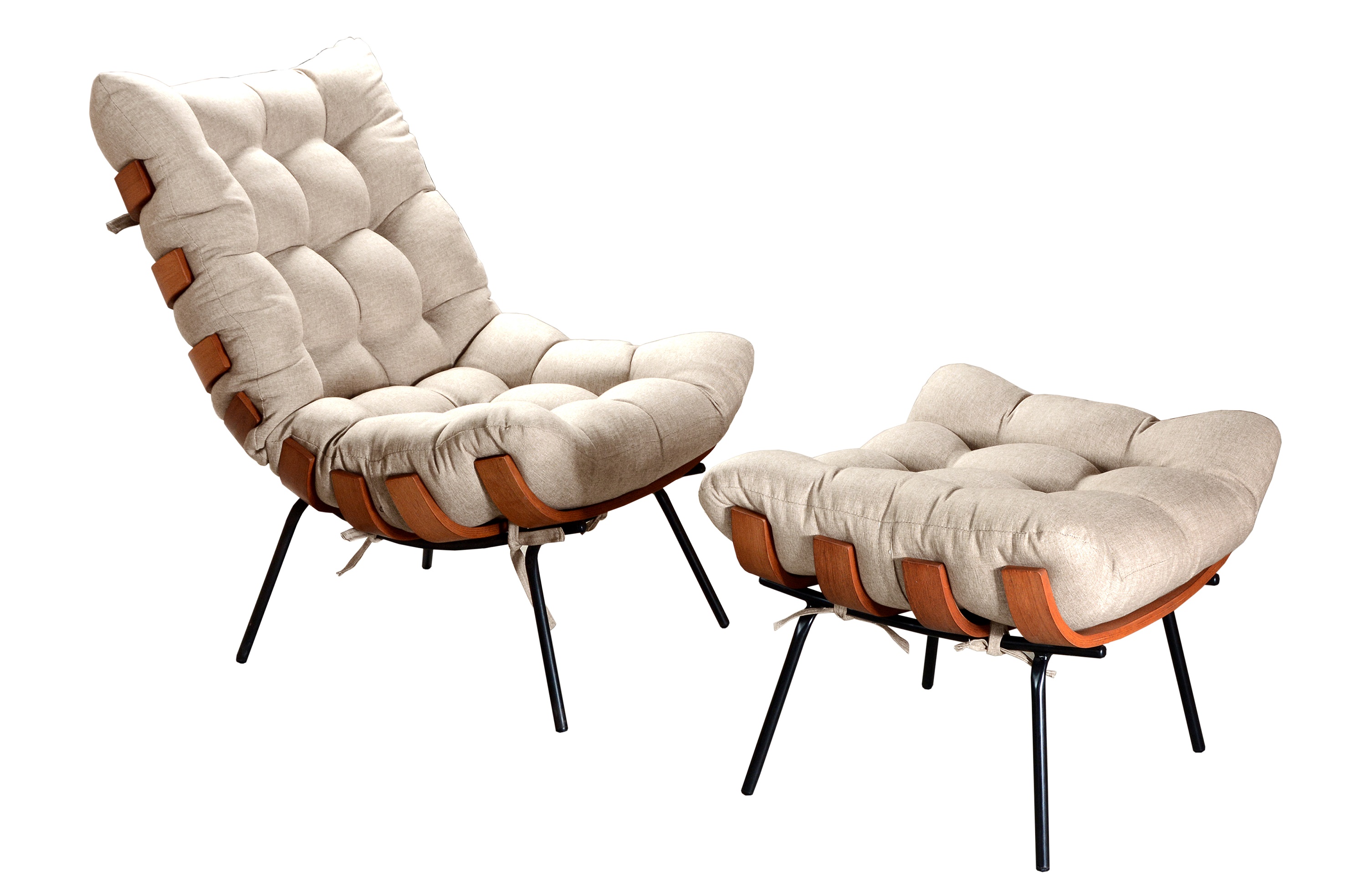 Poltrona Com Puff Costela Base Fixa Linho Bege Bella Decor