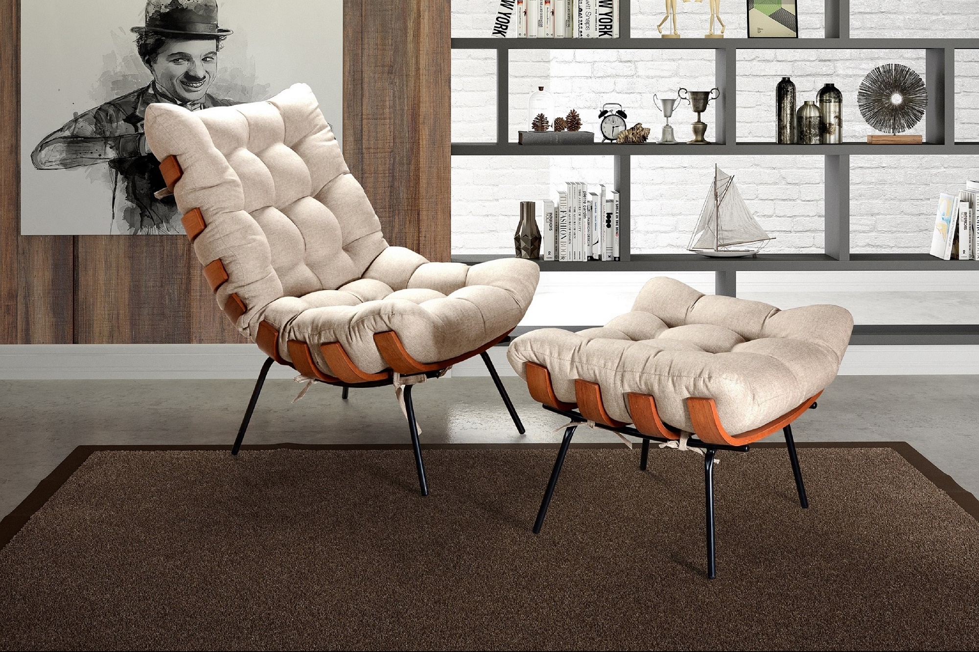 Poltrona Com Puff Costela Base Fixa Linho Bege Bella Decor