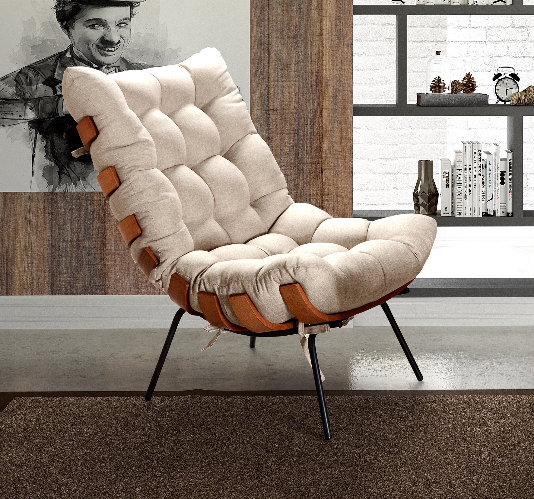 Poltrona Com Puff Costela Base Fixa Linho Bege Bella Decor