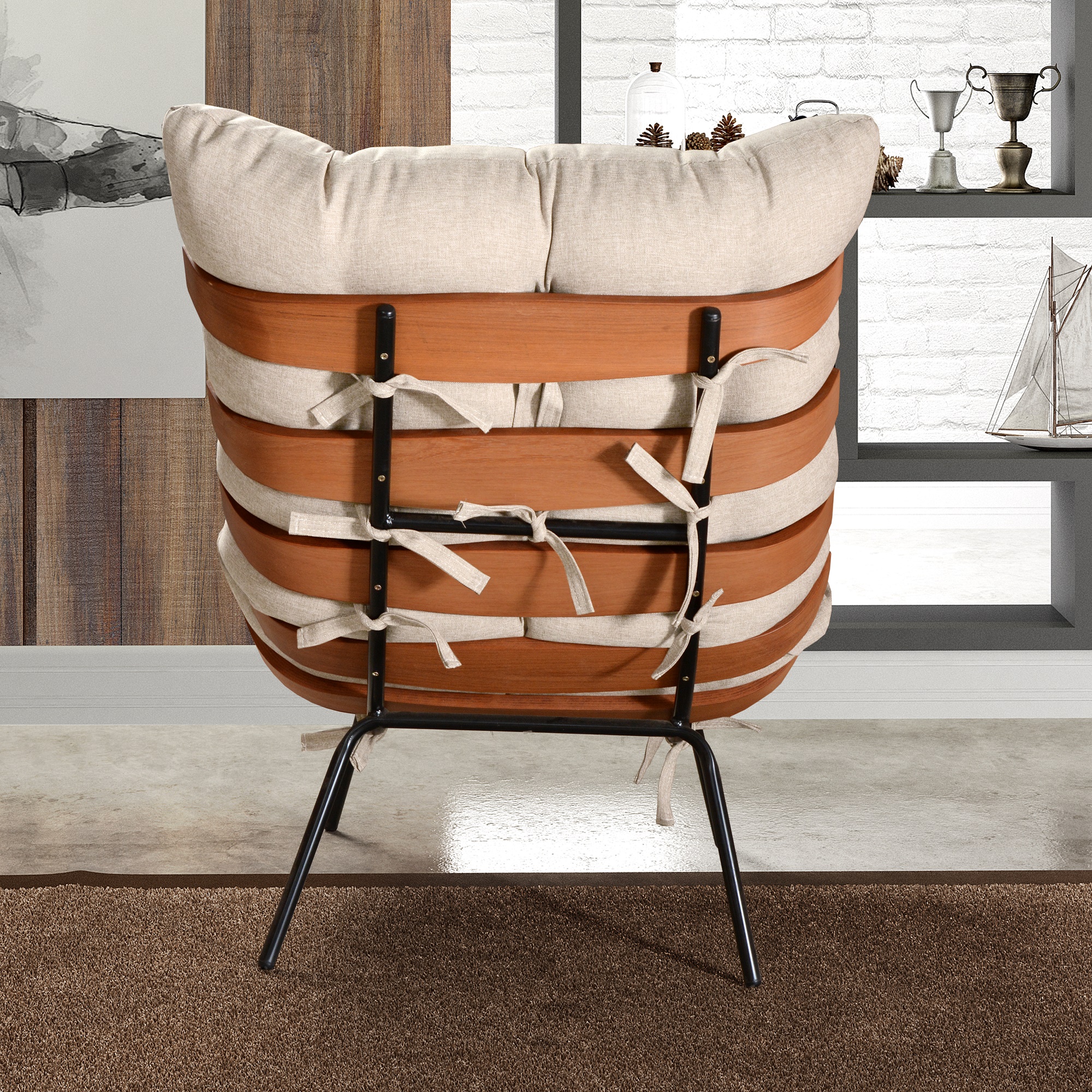 Poltrona Com Puff Costela Base Fixa Linho Bege Bella Decor
