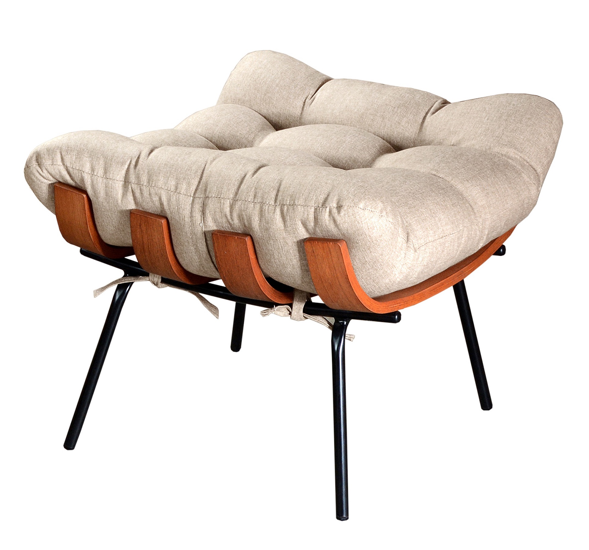 Poltrona Com Puff Costela Base Fixa Linho Bege Bella Decor