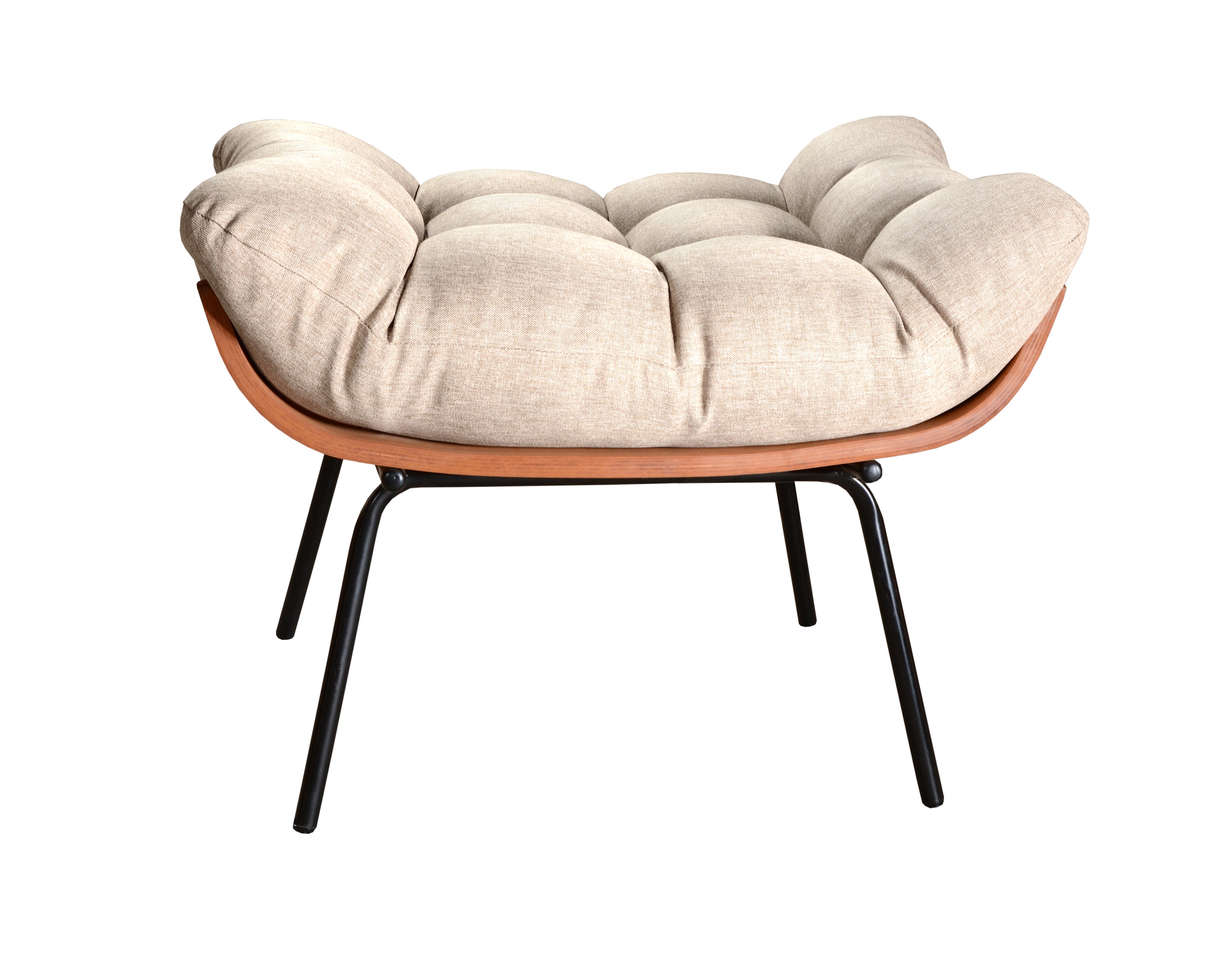 Poltrona Com Puff Costela Base Fixa Linho Bege Bella Decor