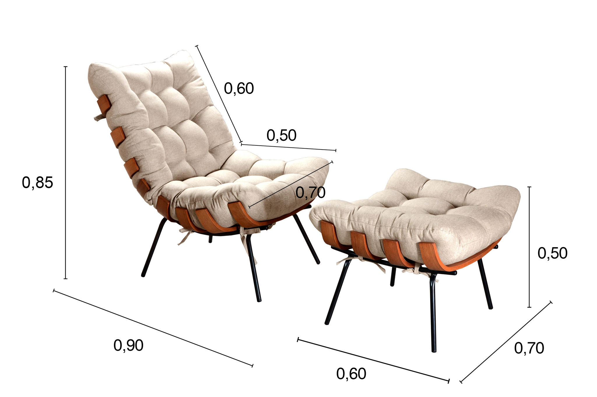 Poltrona Com Puff Costela Base Fixa Linho Bege Bella Decor