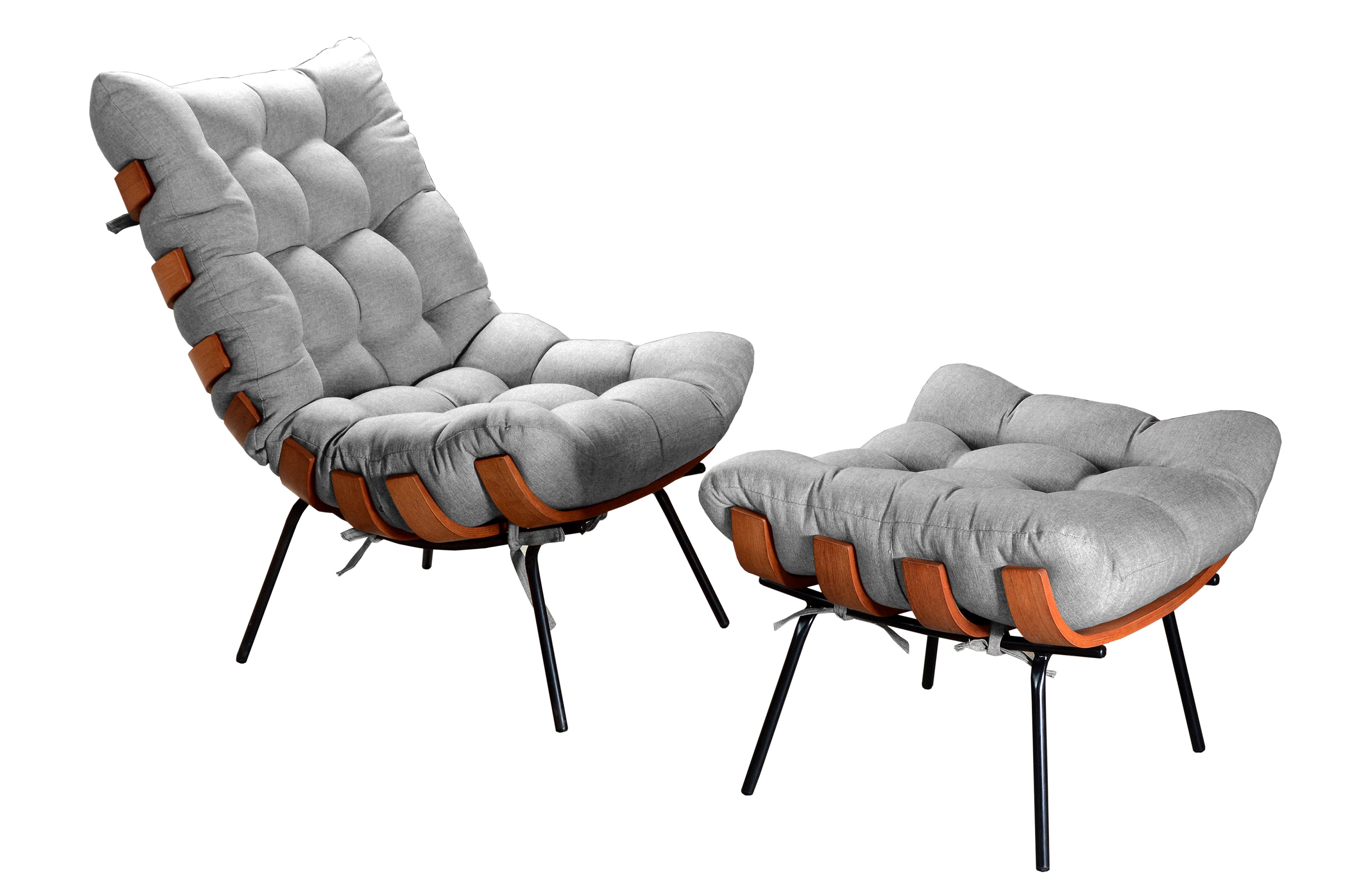 Poltrona Com Puff Costela Base Fixa Linho Cinza Bella Decor