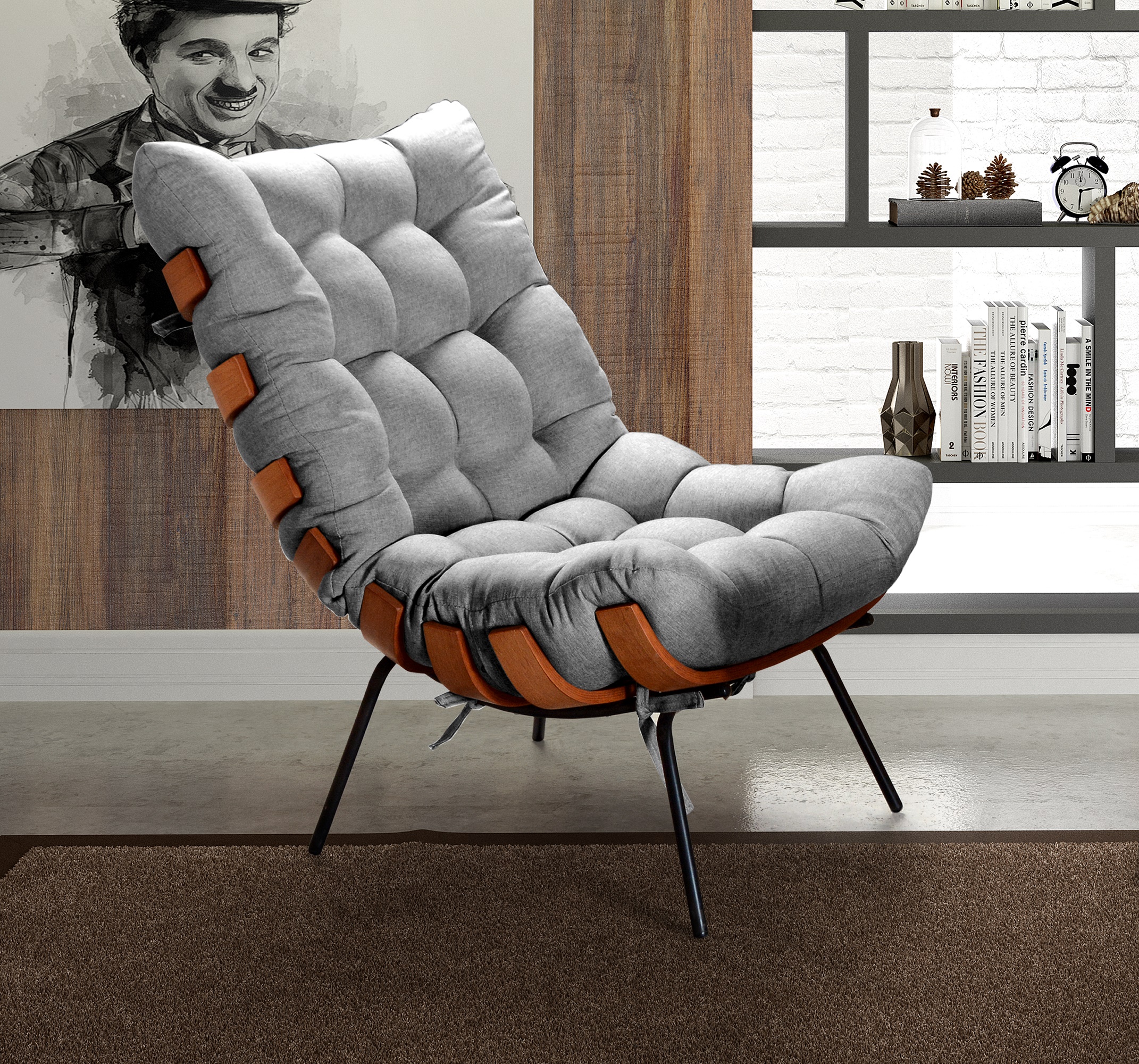 Poltrona Com Puff Costela Base Fixa Linho Cinza Bella Decor