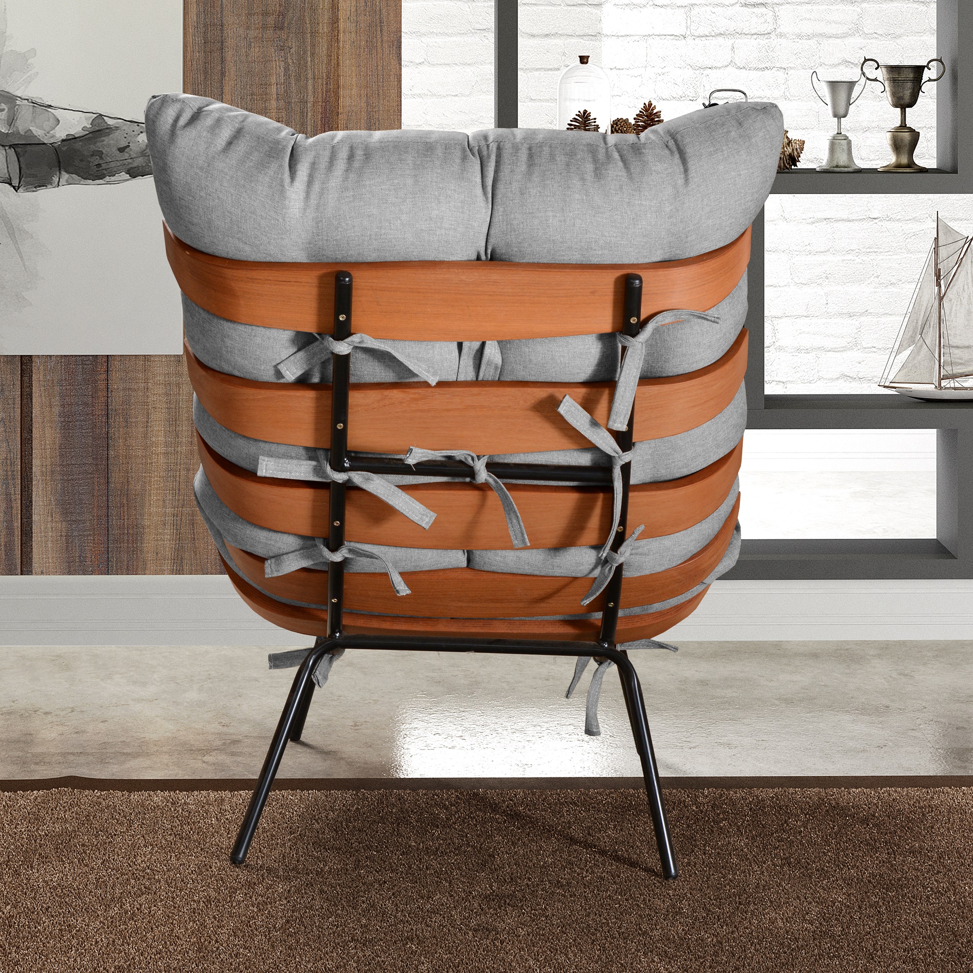 Poltrona Com Puff Costela Base Fixa Linho Cinza Bella Decor