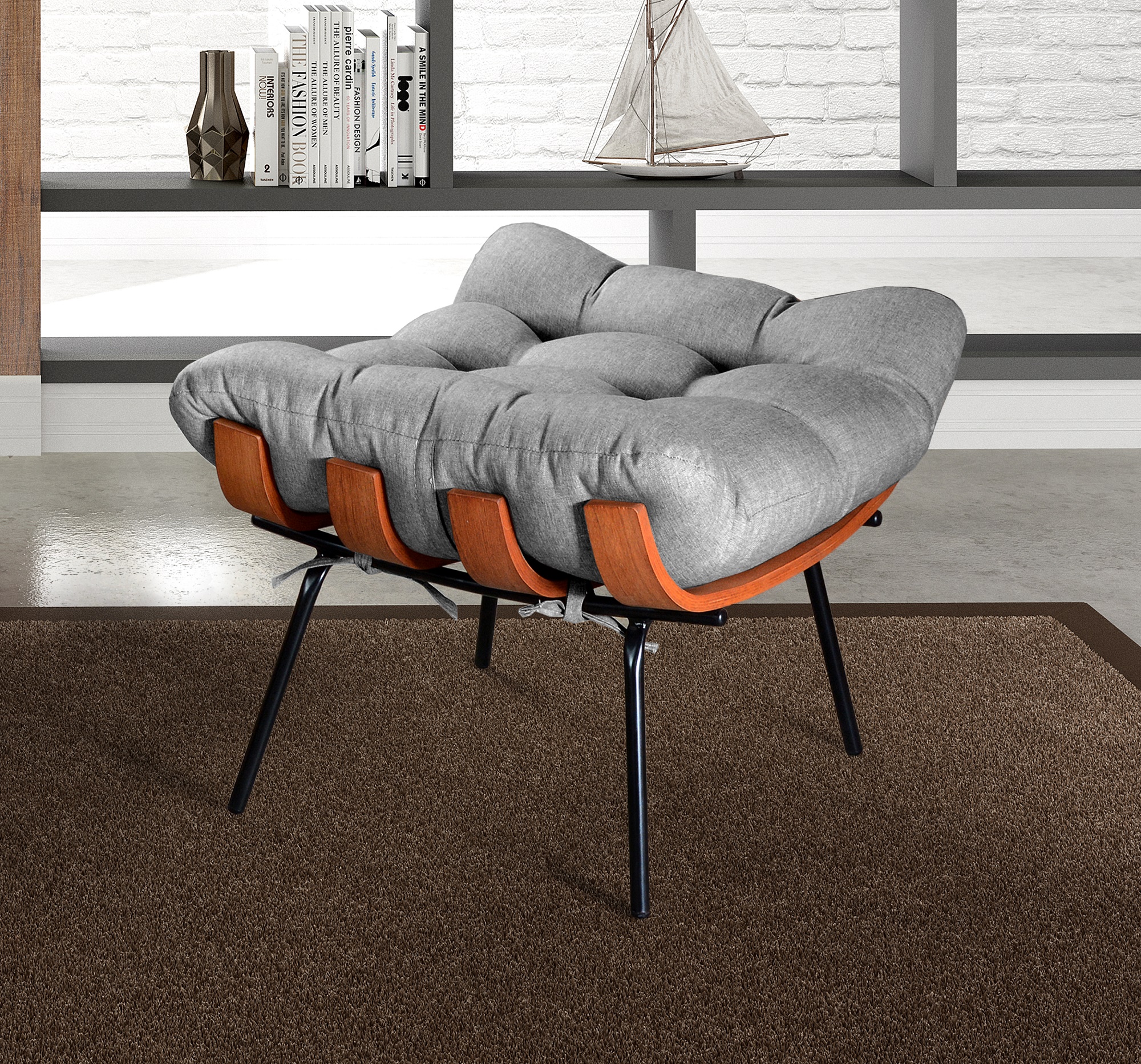Poltrona Com Puff Costela Base Fixa Linho Cinza Bella Decor