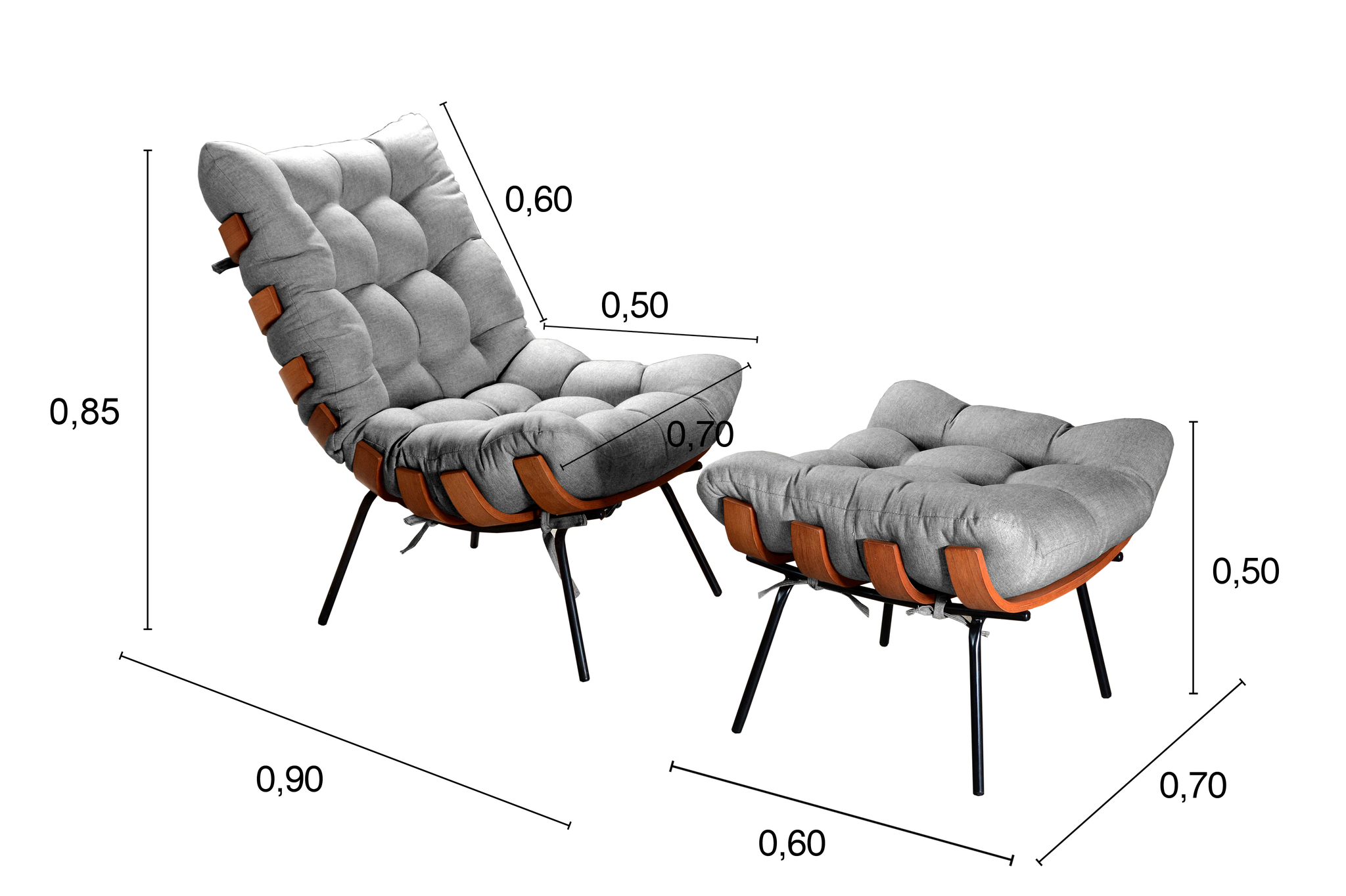 Poltrona Com Puff Costela Base Fixa Linho Cinza Bella Decor