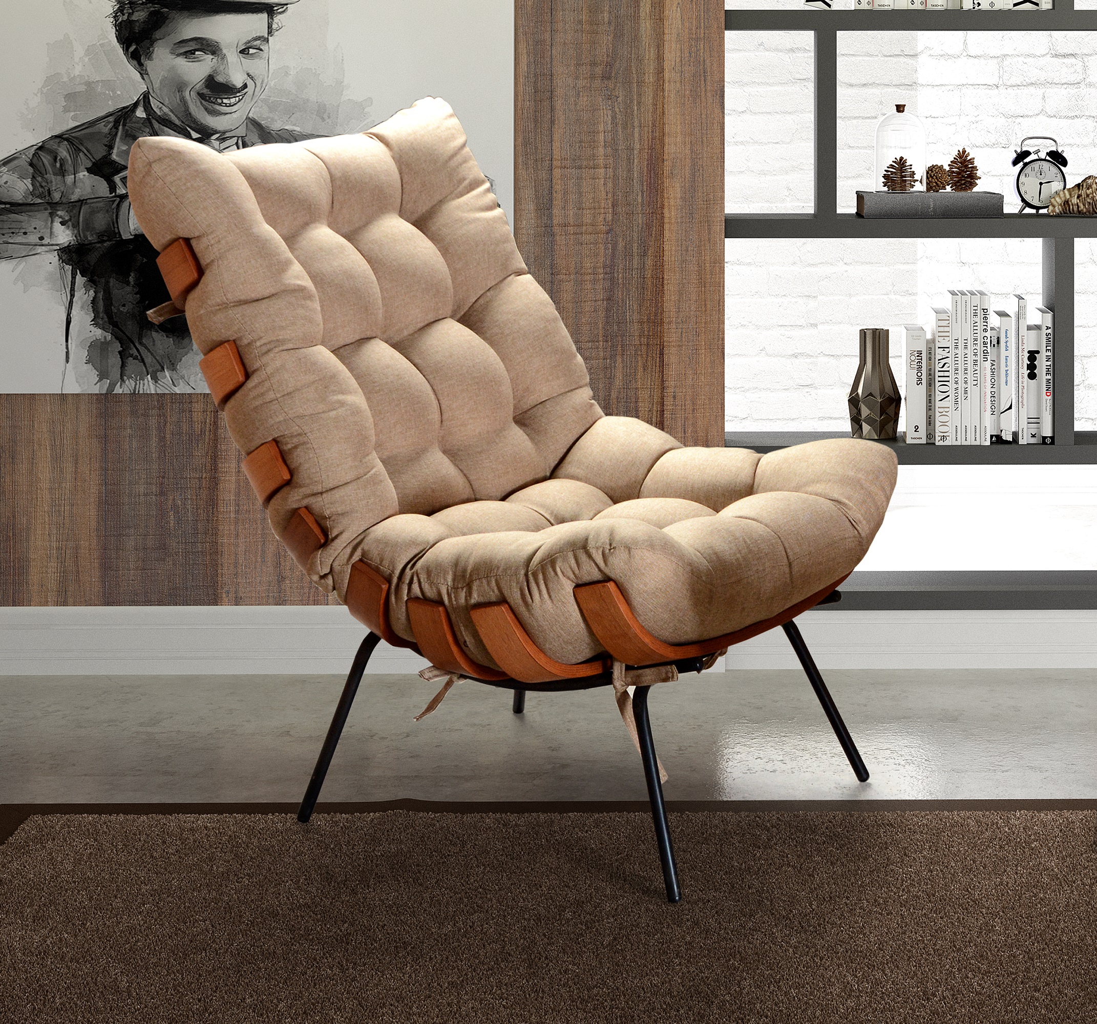 Poltrona Com Puff Costela Base Fixa Linho Marrom Bella Decor