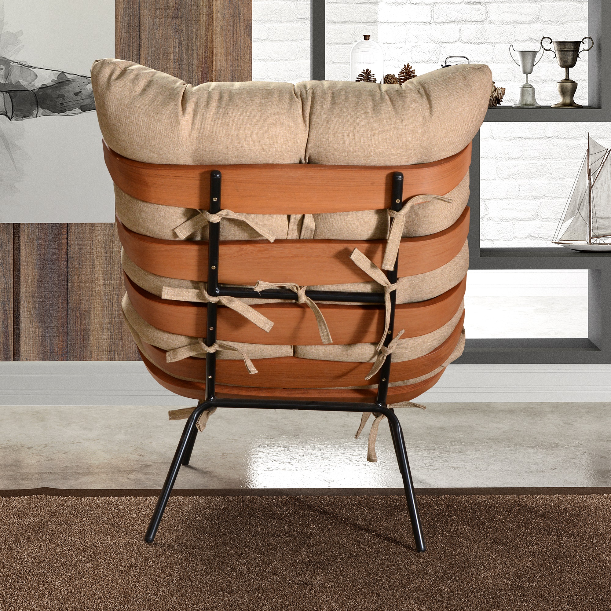Poltrona Com Puff Costela Base Fixa Linho Marrom Bella Decor