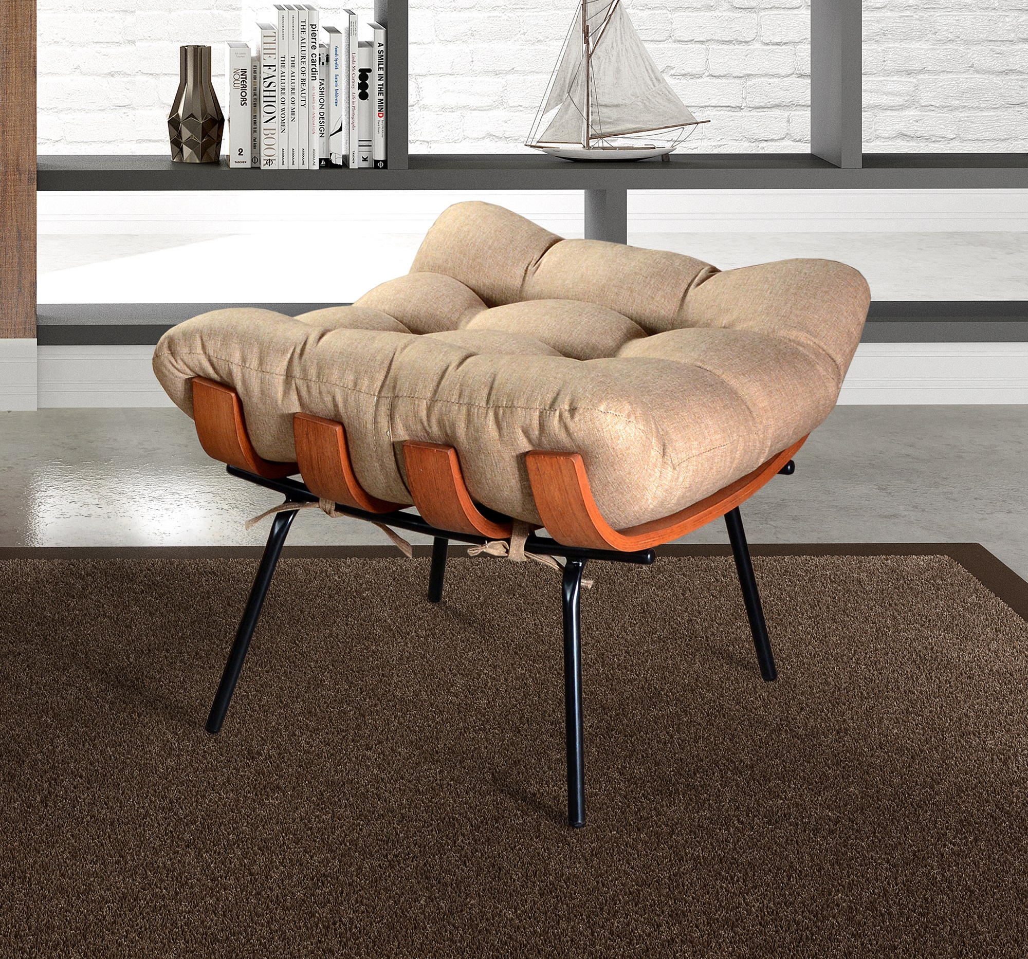 Poltrona Com Puff Costela Base Fixa Linho Marrom Bella Decor