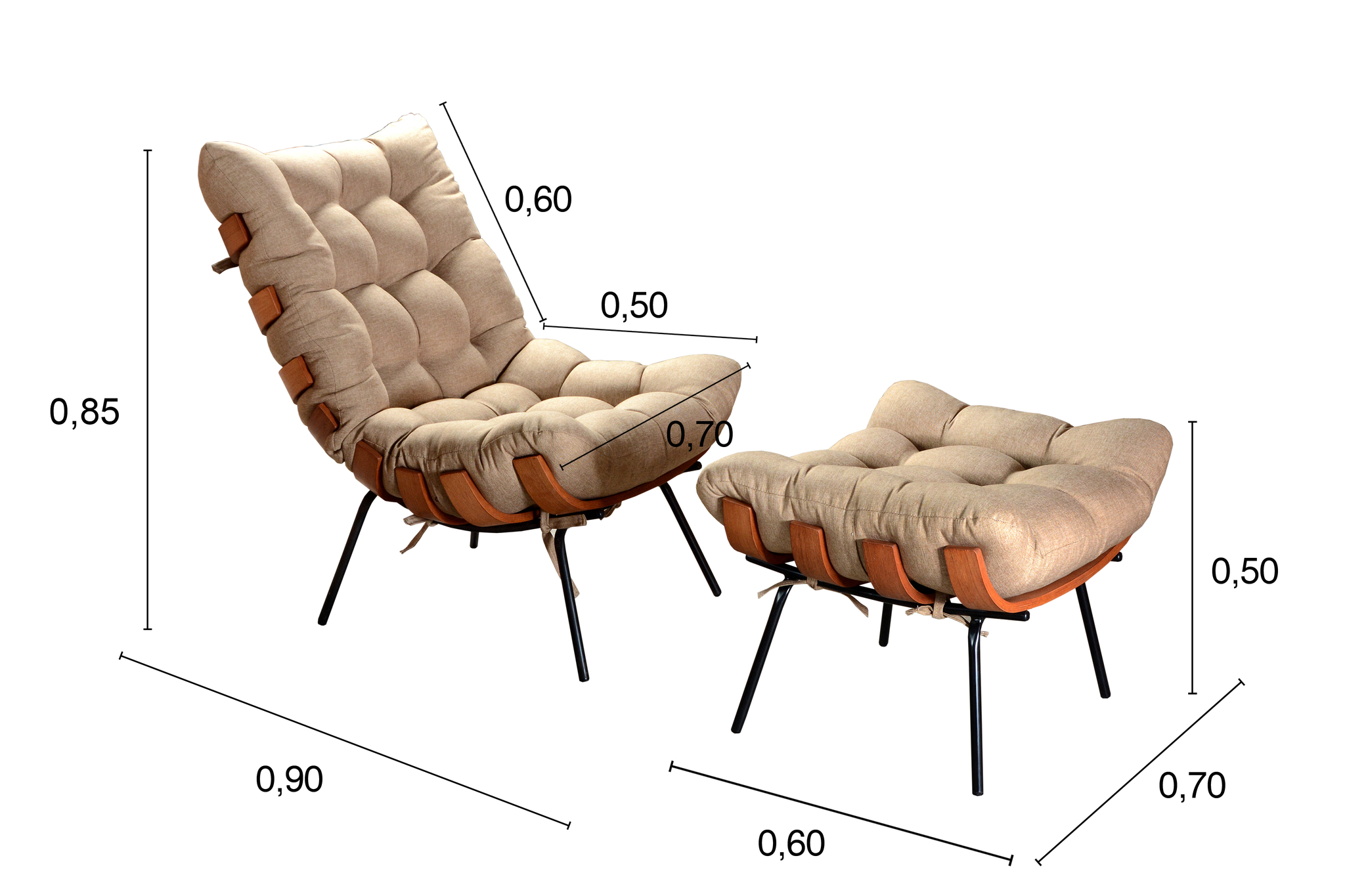 Poltrona Com Puff Costela Base Fixa Linho Marrom Bella Decor