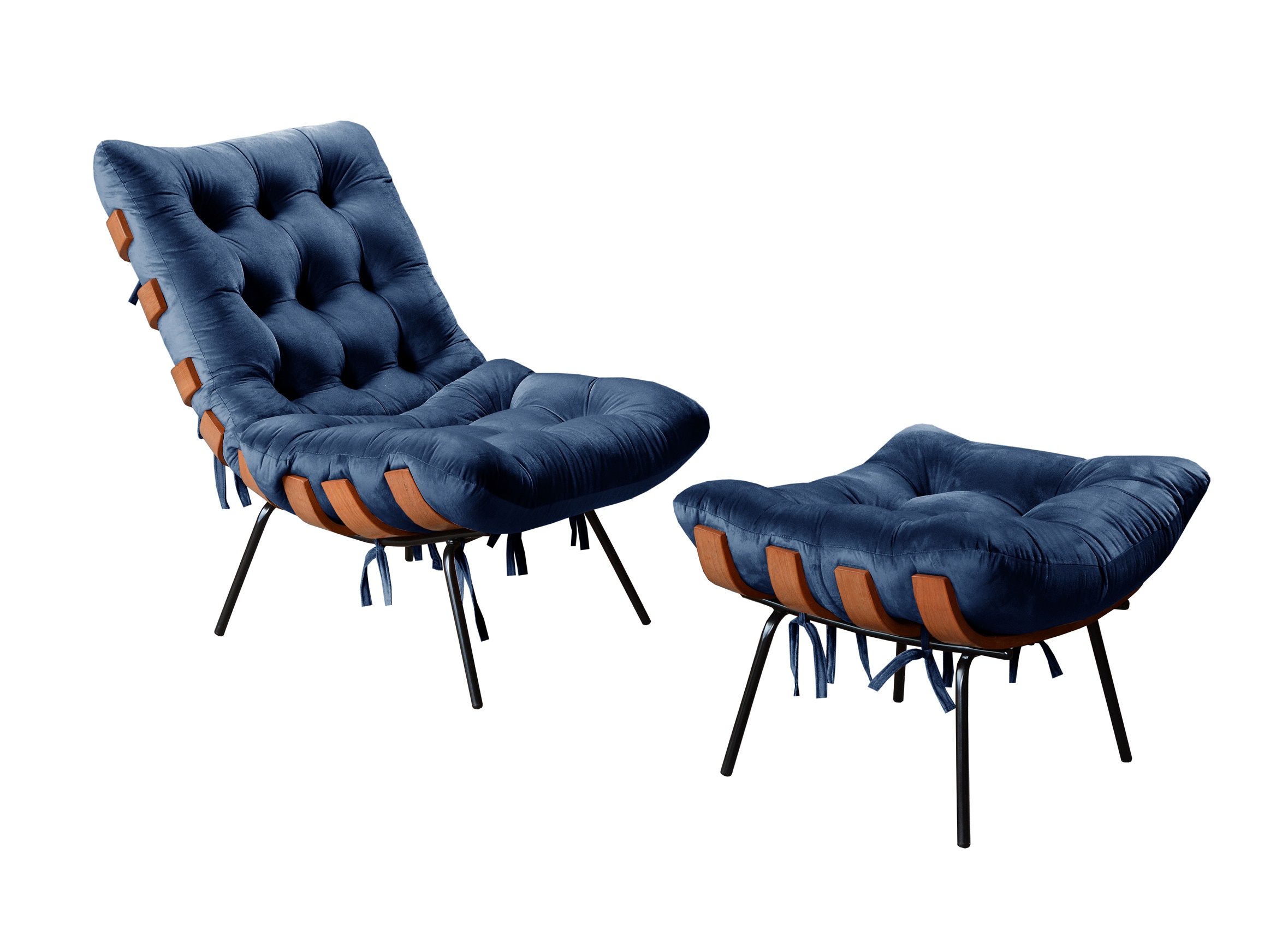 Poltrona Com Puff Costela Base Fixa Suede Azul Marinho Bella Decor