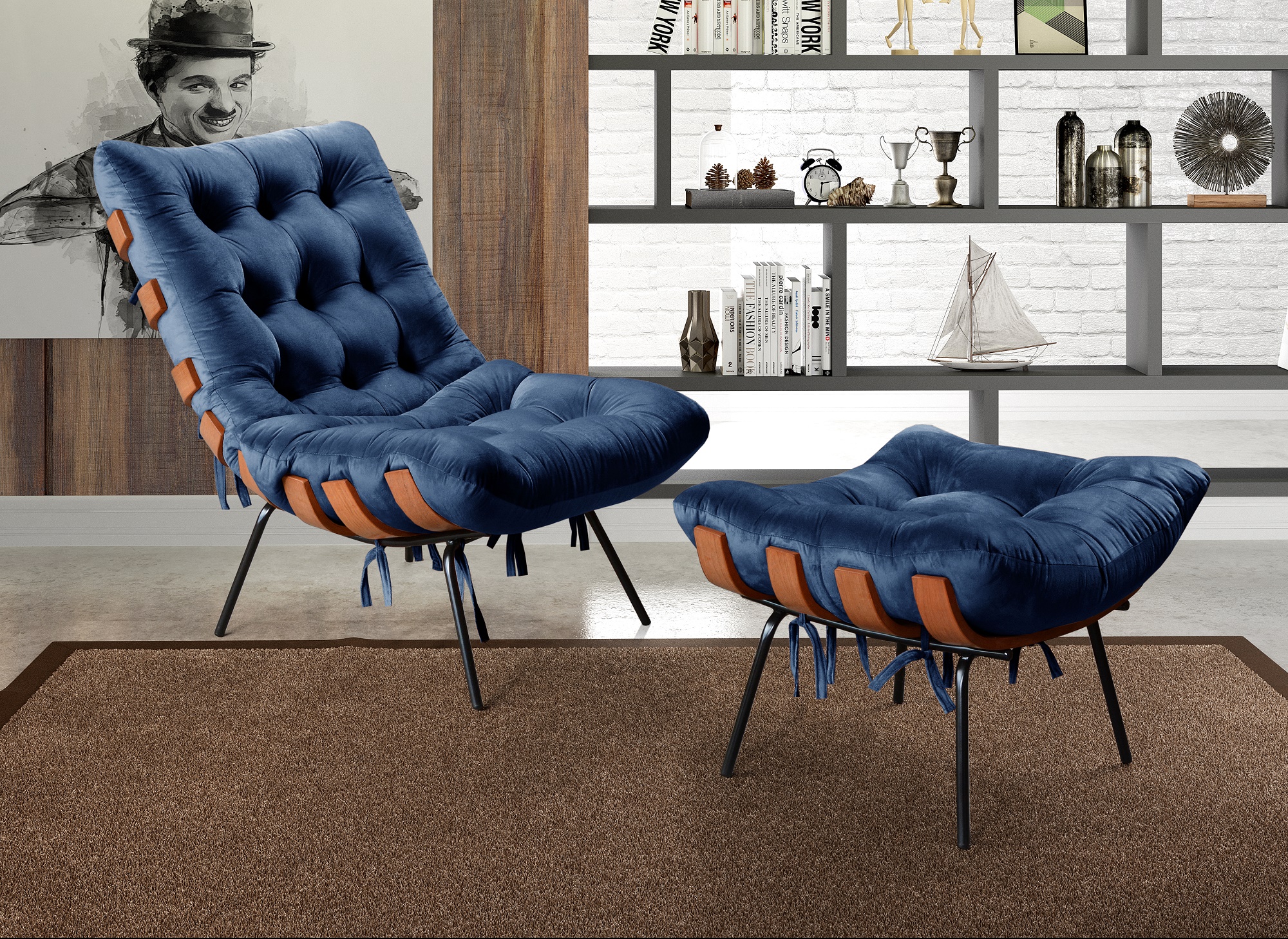 Poltrona Com Puff Costela Base Fixa Suede Azul Marinho Bella Decor