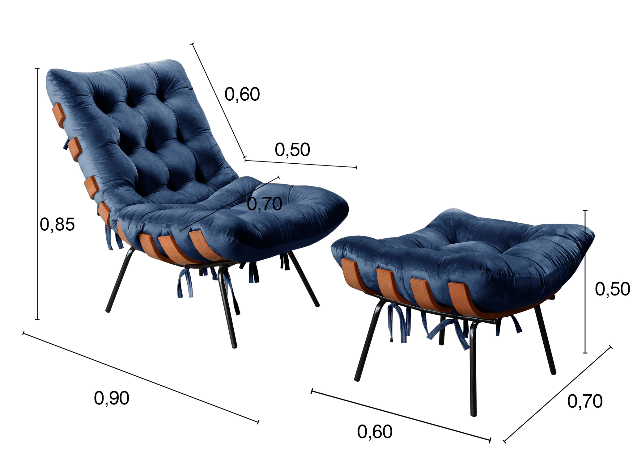 Poltrona Com Puff Costela Base Fixa Suede Azul Marinho Bella Decor