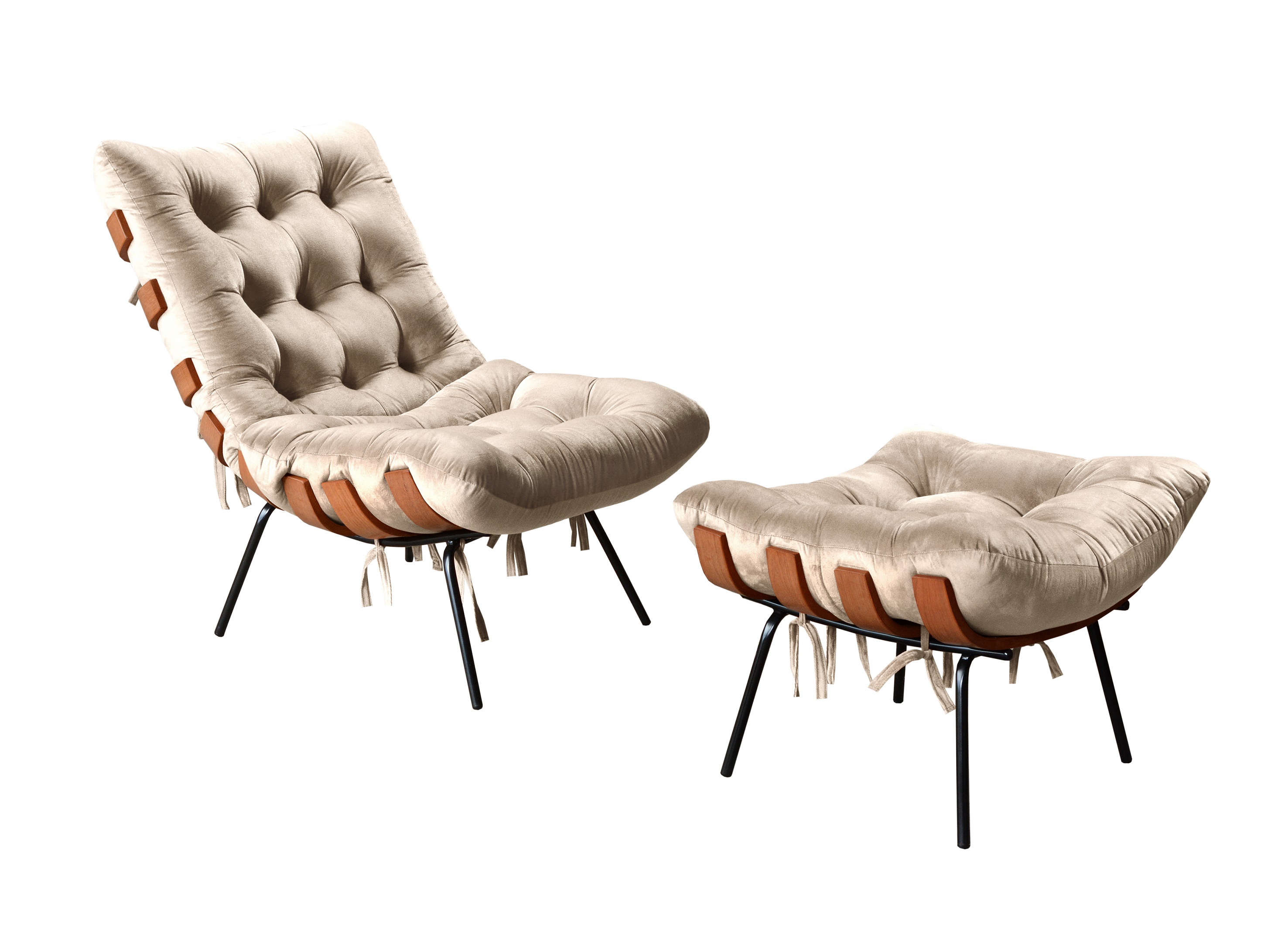 Poltrona Com Puff Costela Base Fixa Suede Bege Bella Decor