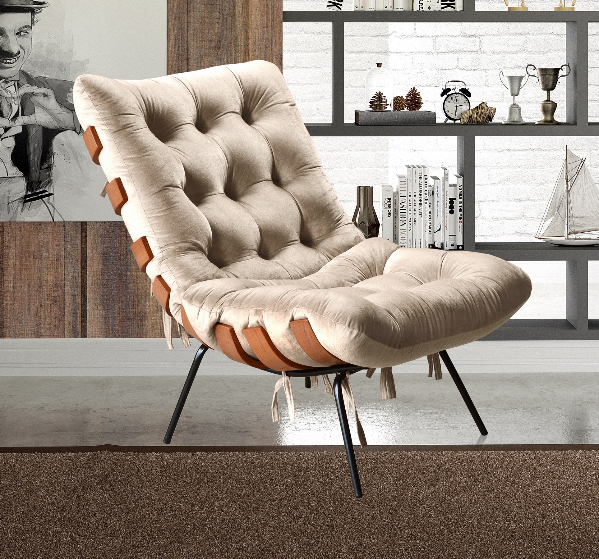 Poltrona Com Puff Costela Base Fixa Suede Bege Bella Decor