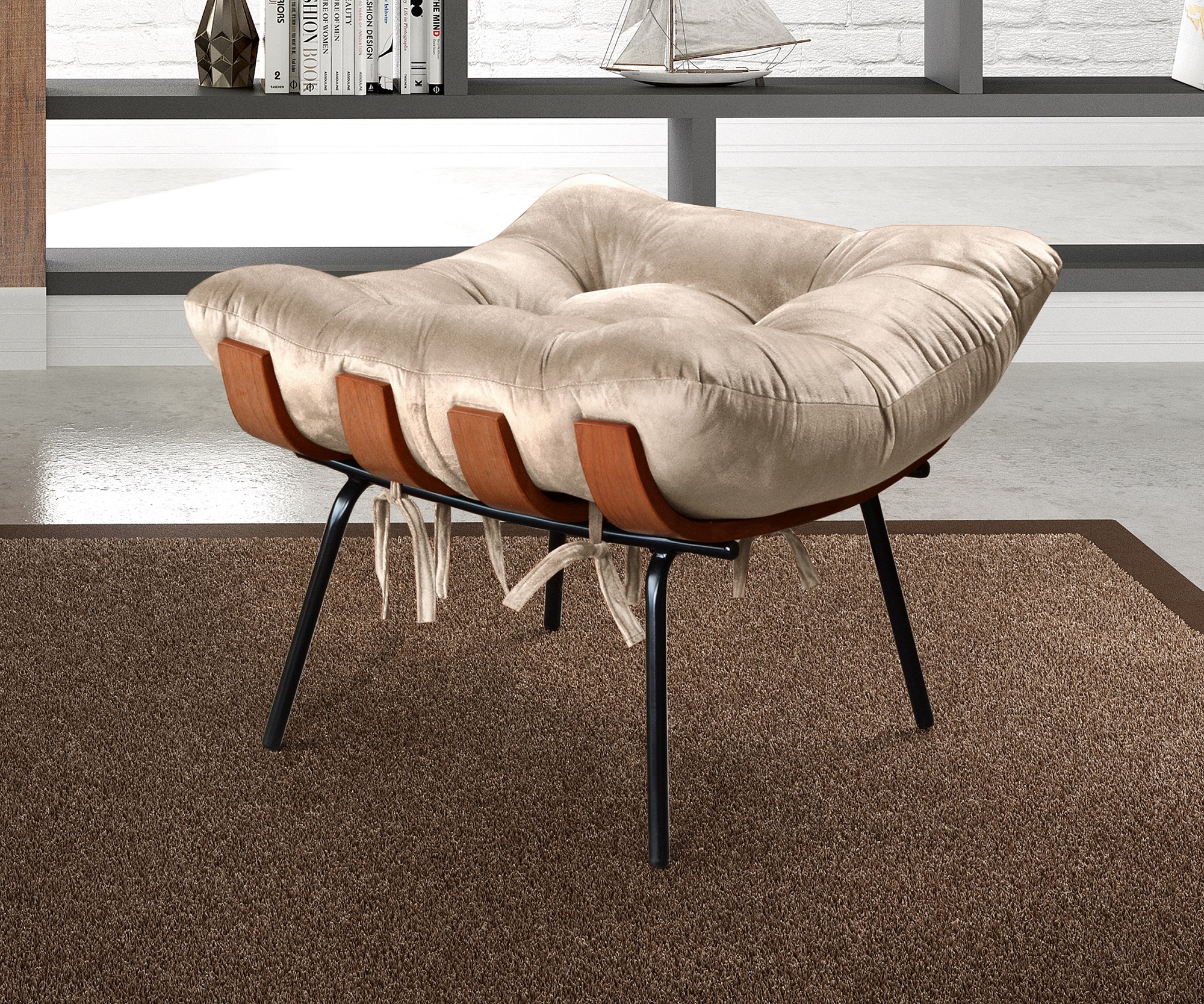 Poltrona Com Puff Costela Base Fixa Suede Bege Bella Decor