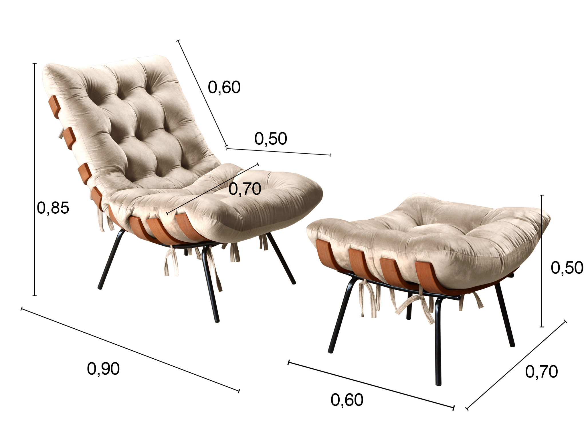 Poltrona Com Puff Costela Base Fixa Suede Bege Bella Decor