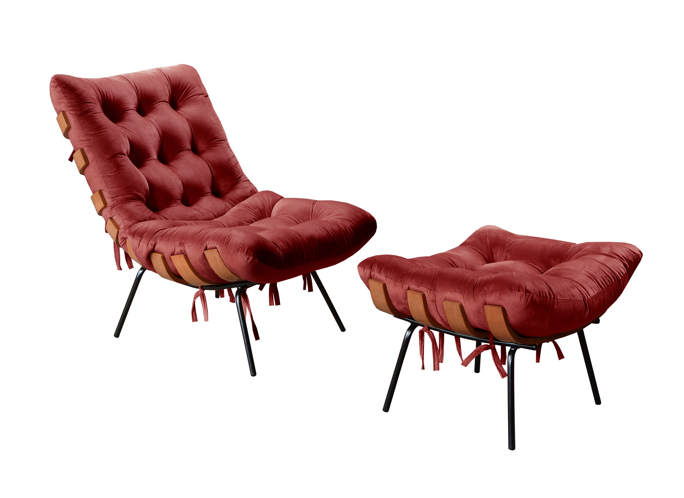 Poltrona Com Puff Costela Base Fixa Suede Bordô Bella Decor