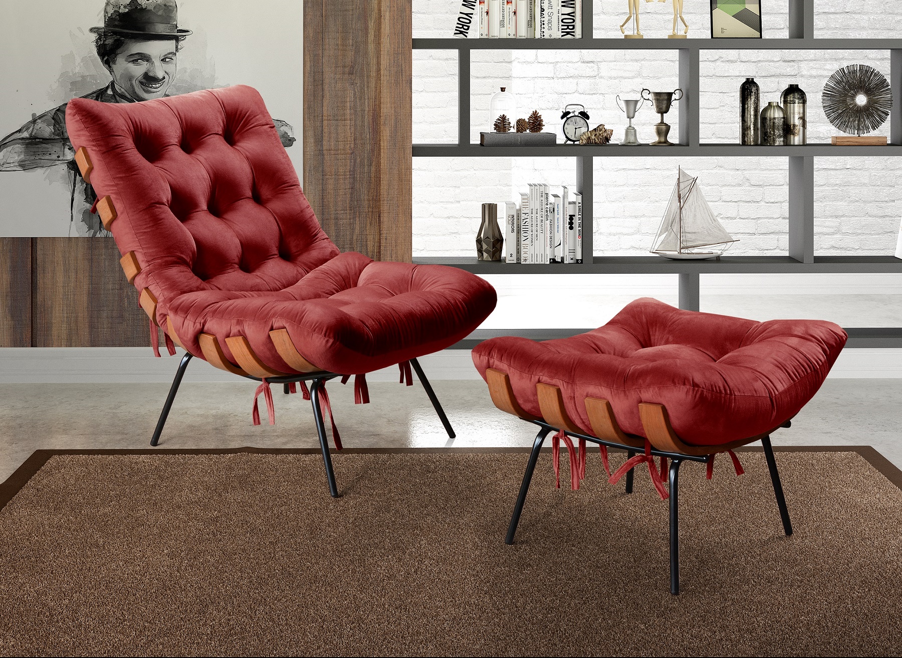 Poltrona Com Puff Costela Base Fixa Suede Bordô Bella Decor