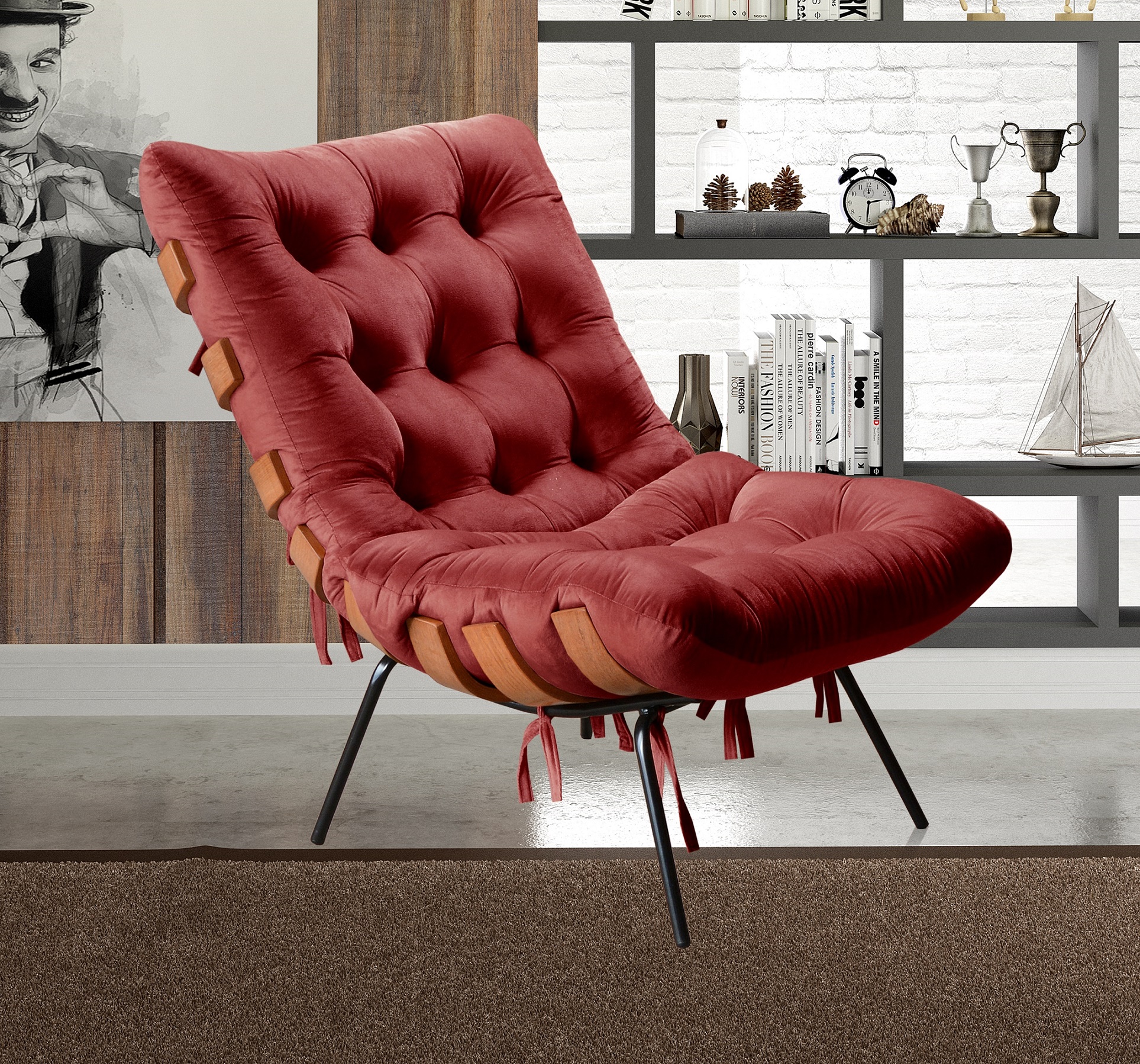 Poltrona Com Puff Costela Base Fixa Suede Bordô Bella Decor