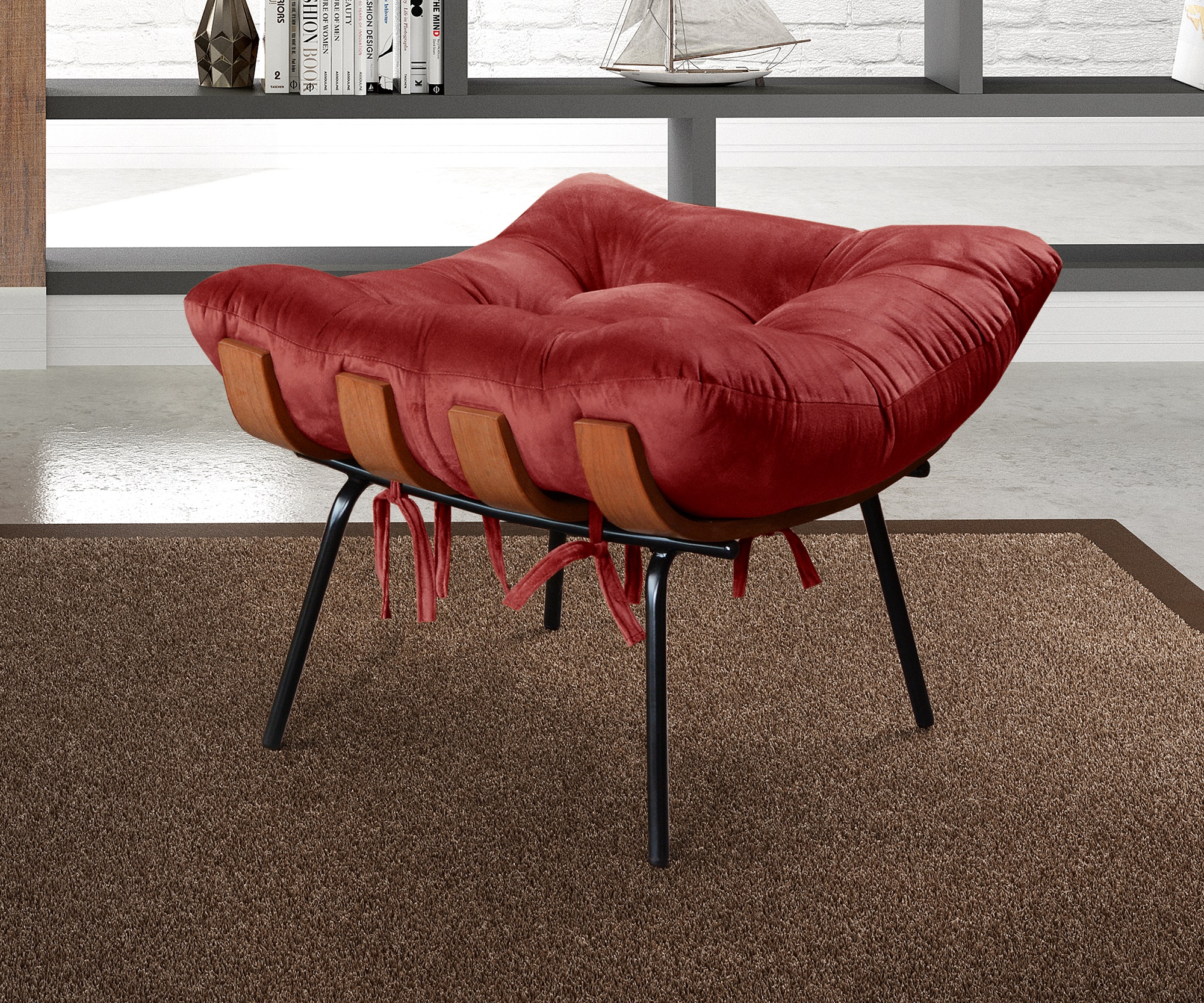 Poltrona Com Puff Costela Base Fixa Suede Bordô Bella Decor