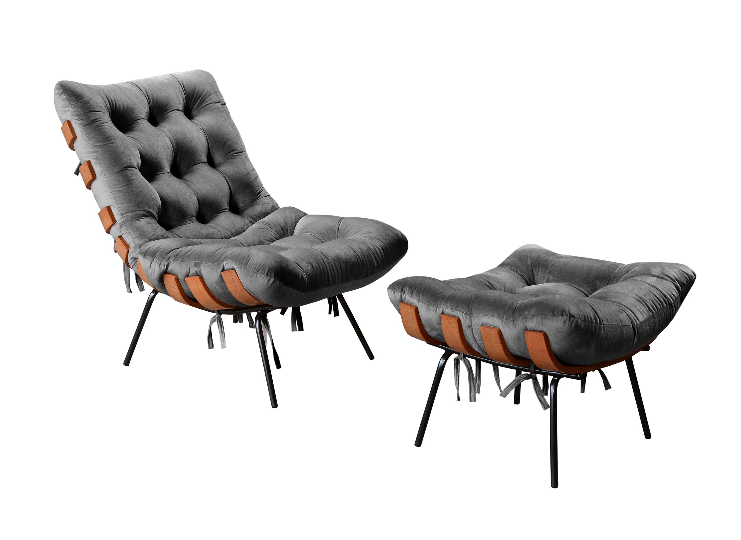 Poltrona Com Puff Costela Base Fixa Suede Cinza Bella Decor