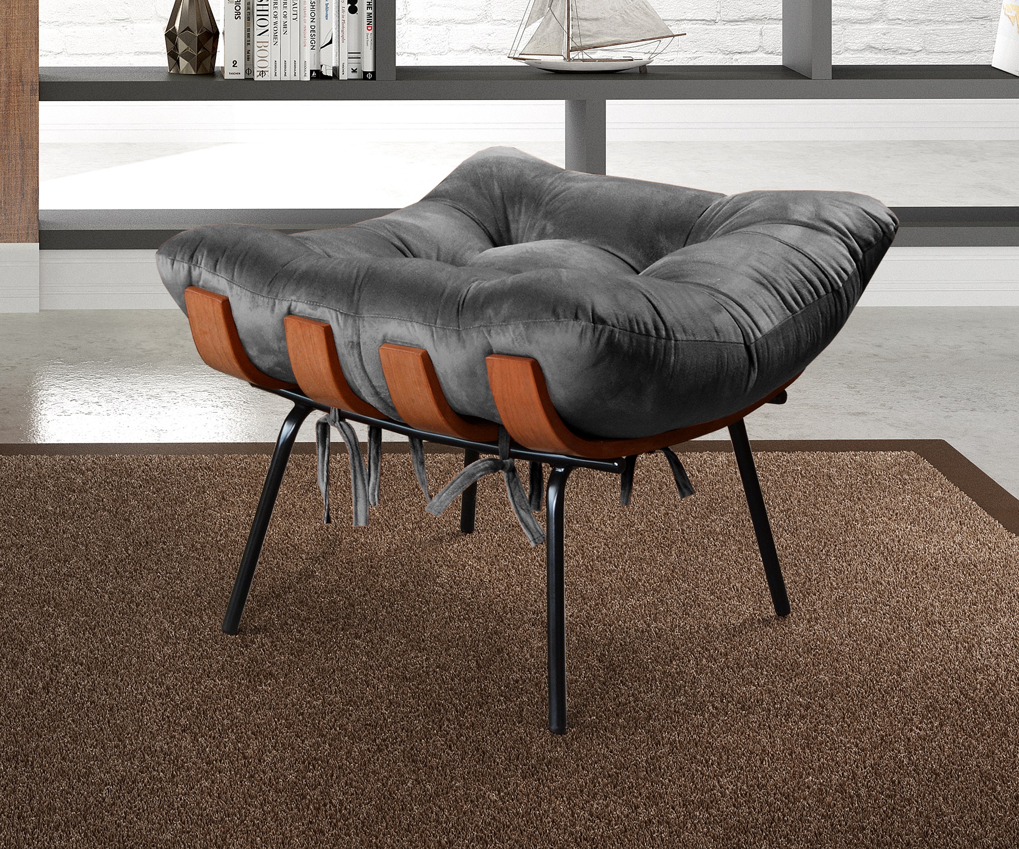 Poltrona Com Puff Costela Base Fixa Suede Cinza Bella Decor