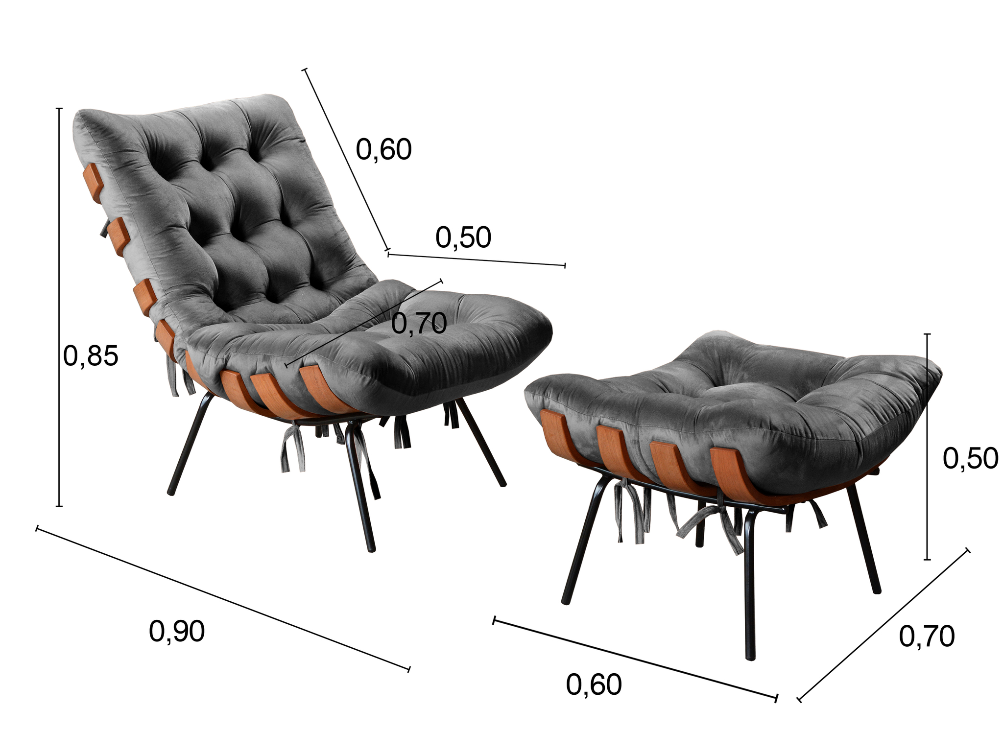 Poltrona Com Puff Costela Base Fixa Suede Cinza Bella Decor