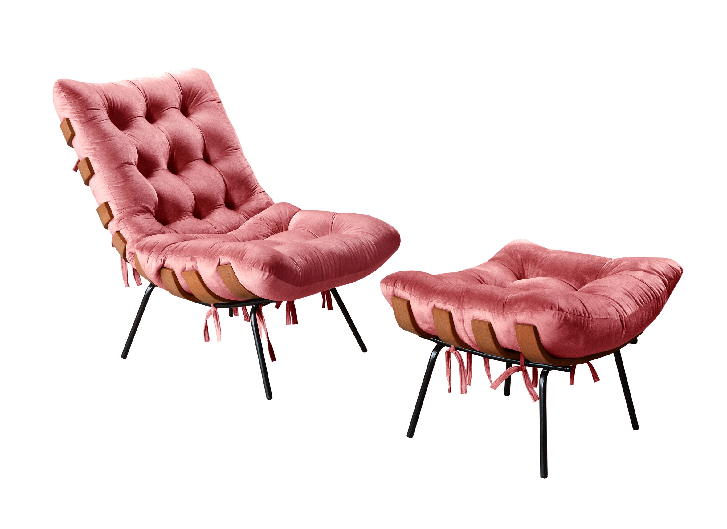 Poltrona Com Puff Costela Base Fixa Suede Rosa Bella Decor