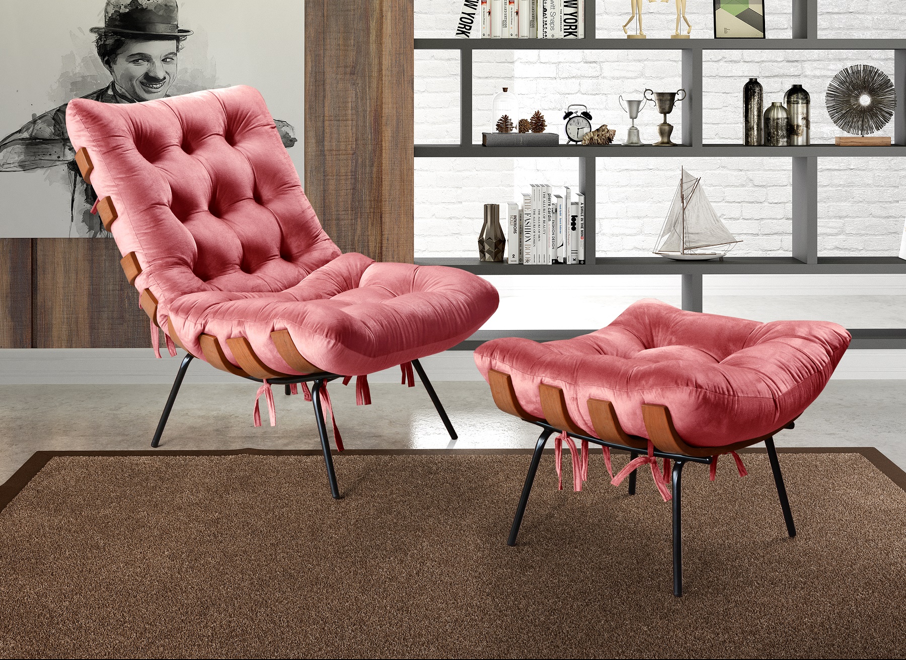 Poltrona Com Puff Costela Base Fixa Suede Rosa Bella Decor