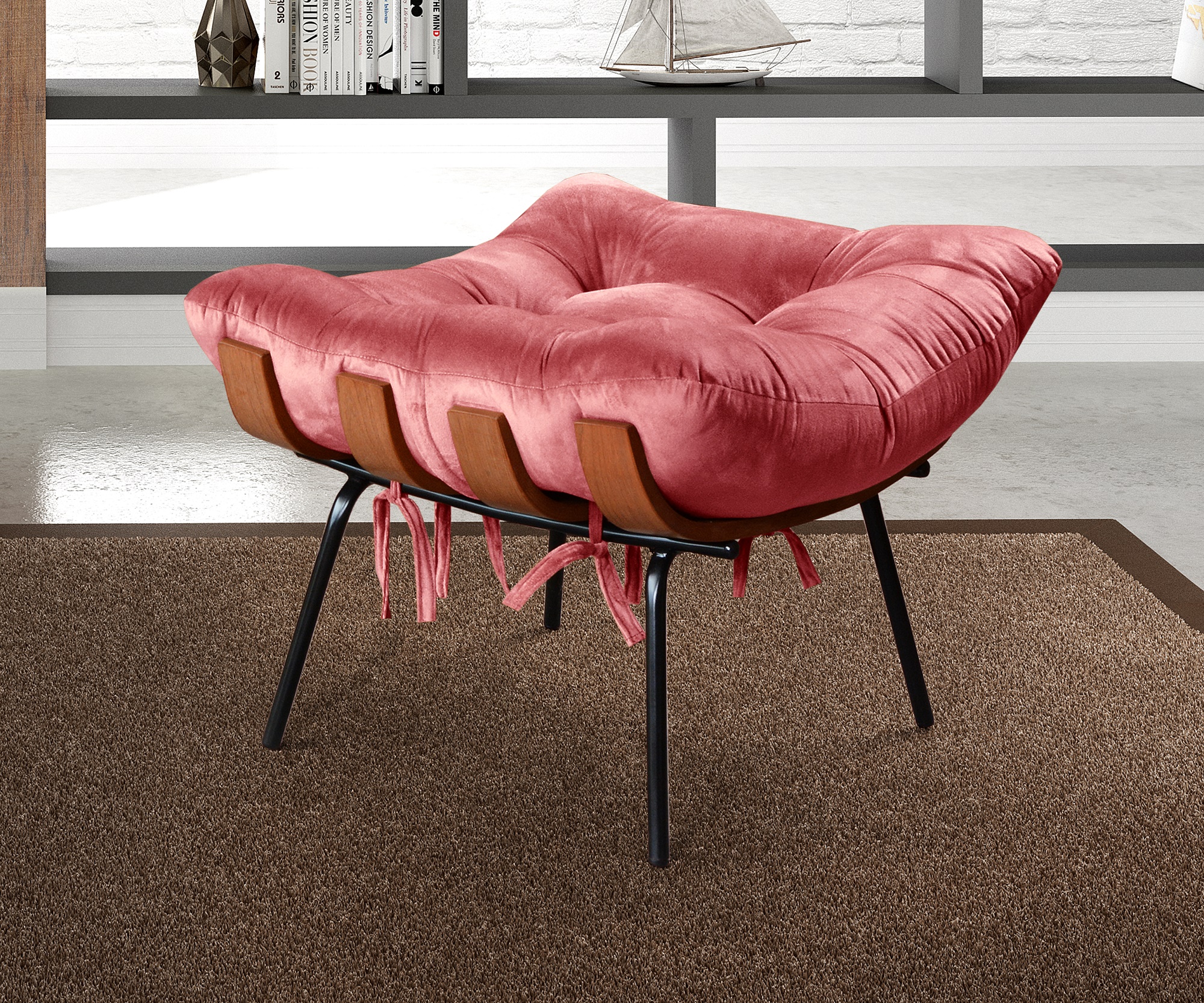 Poltrona Com Puff Costela Base Fixa Suede Rosa Bella Decor