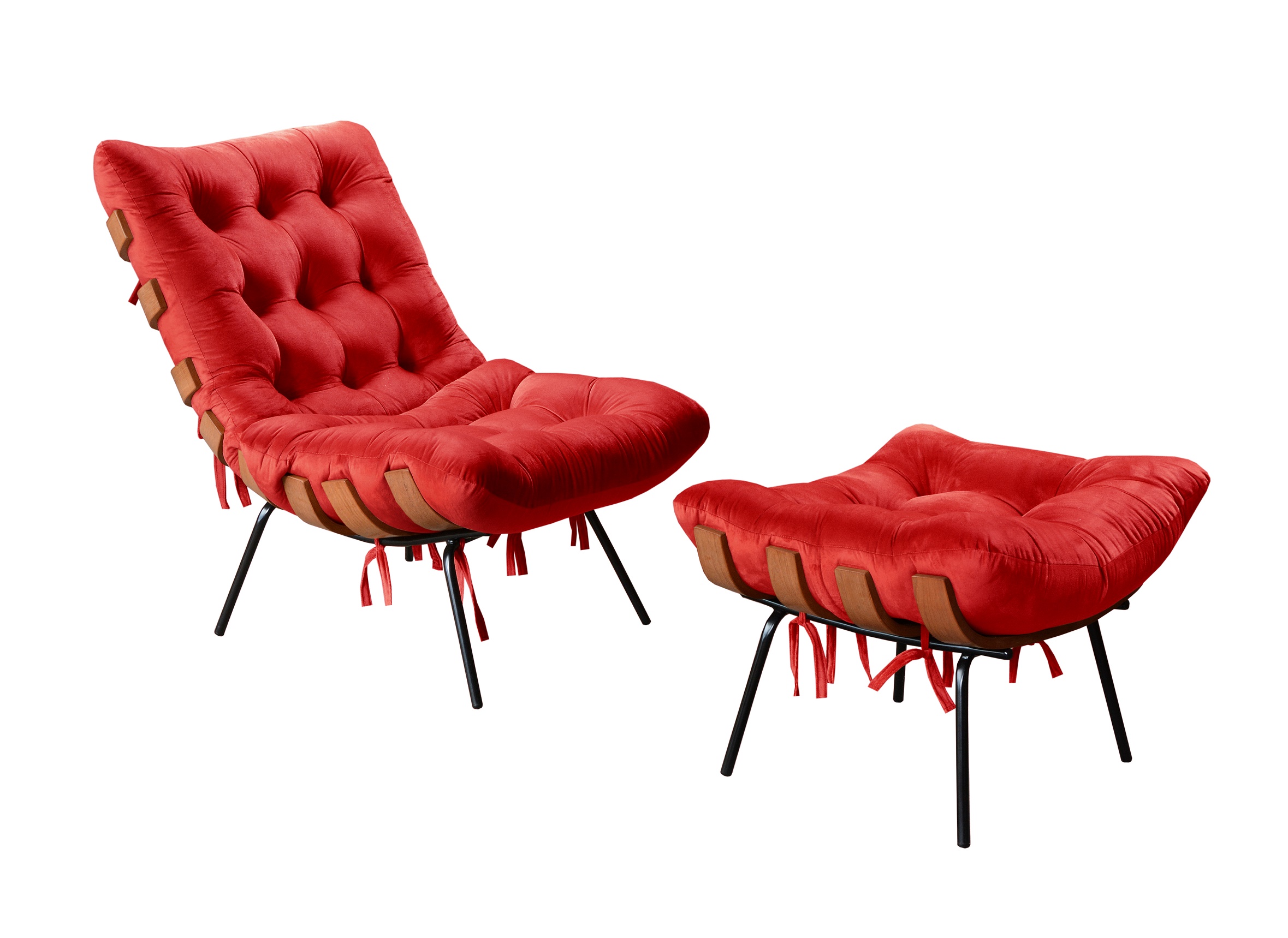 Poltrona Com Puff Costela Base Fixa Suede Vermelho Bella Decor