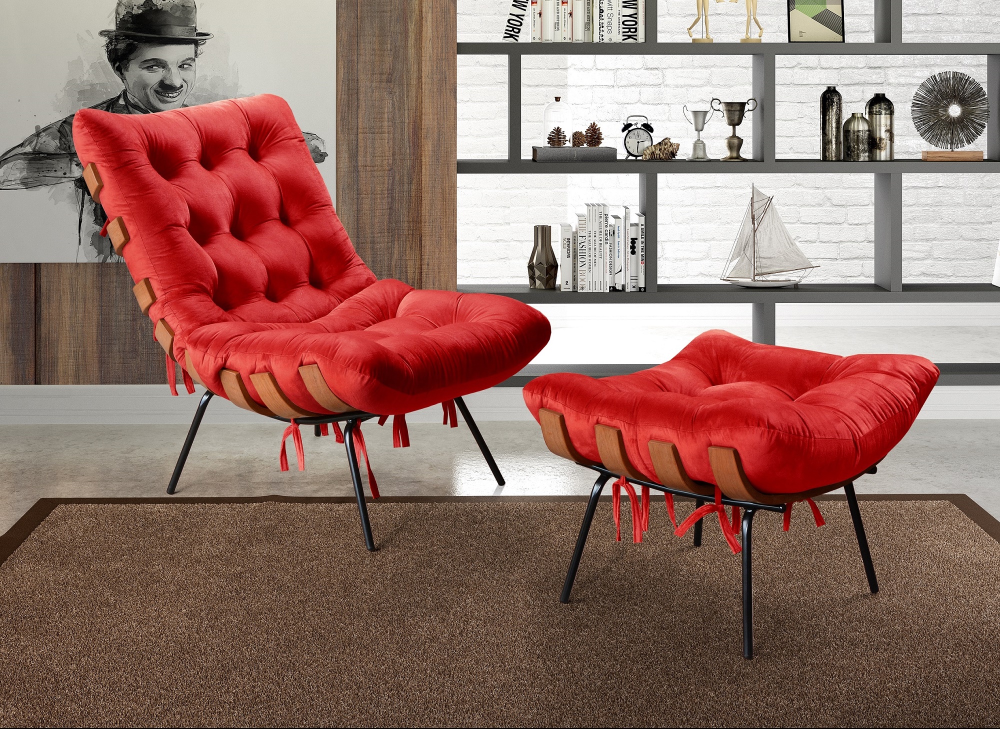 Poltrona Com Puff Costela Base Fixa Suede Vermelho Bella Decor