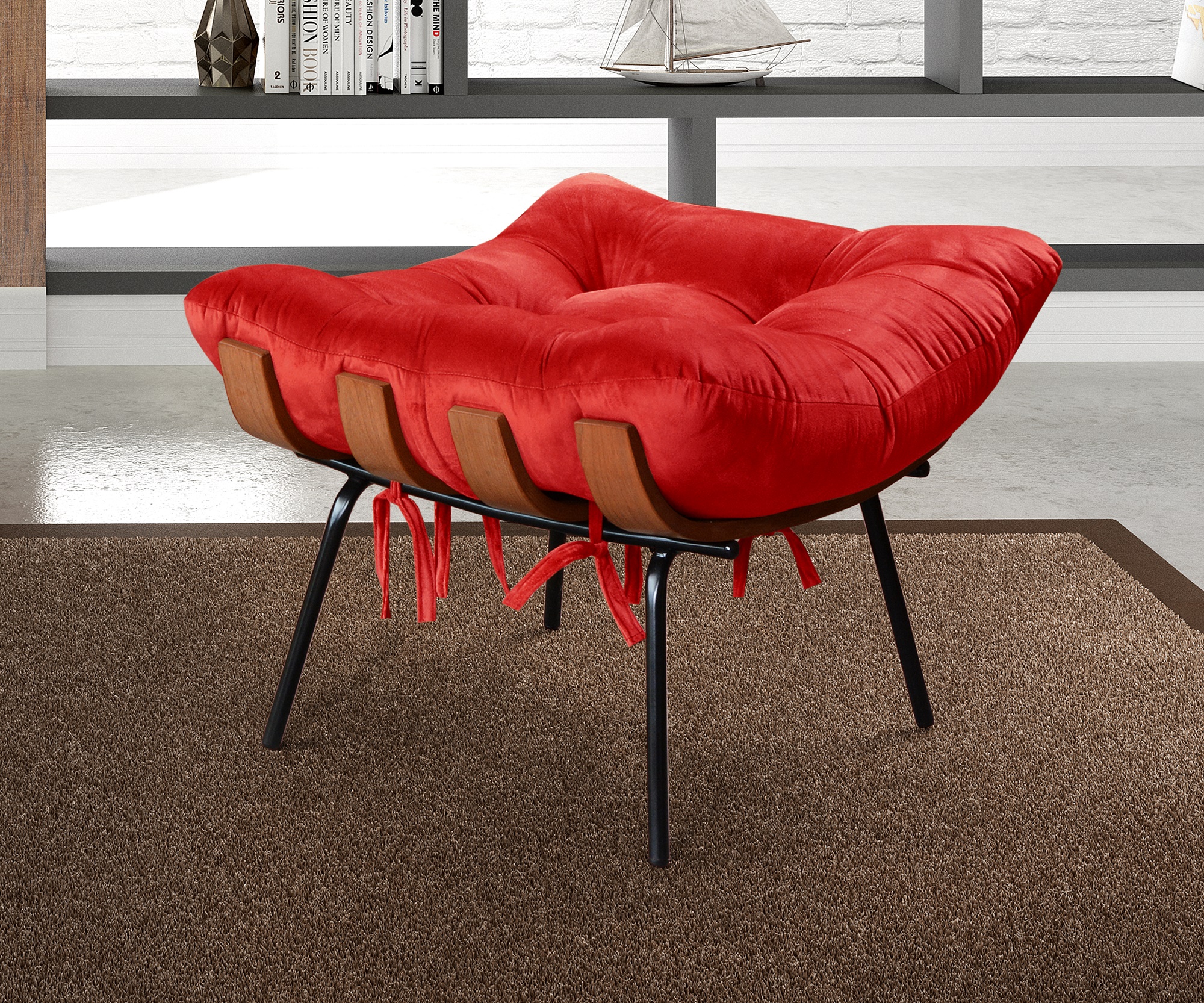 Poltrona Com Puff Costela Base Fixa Suede Vermelho Bella Decor