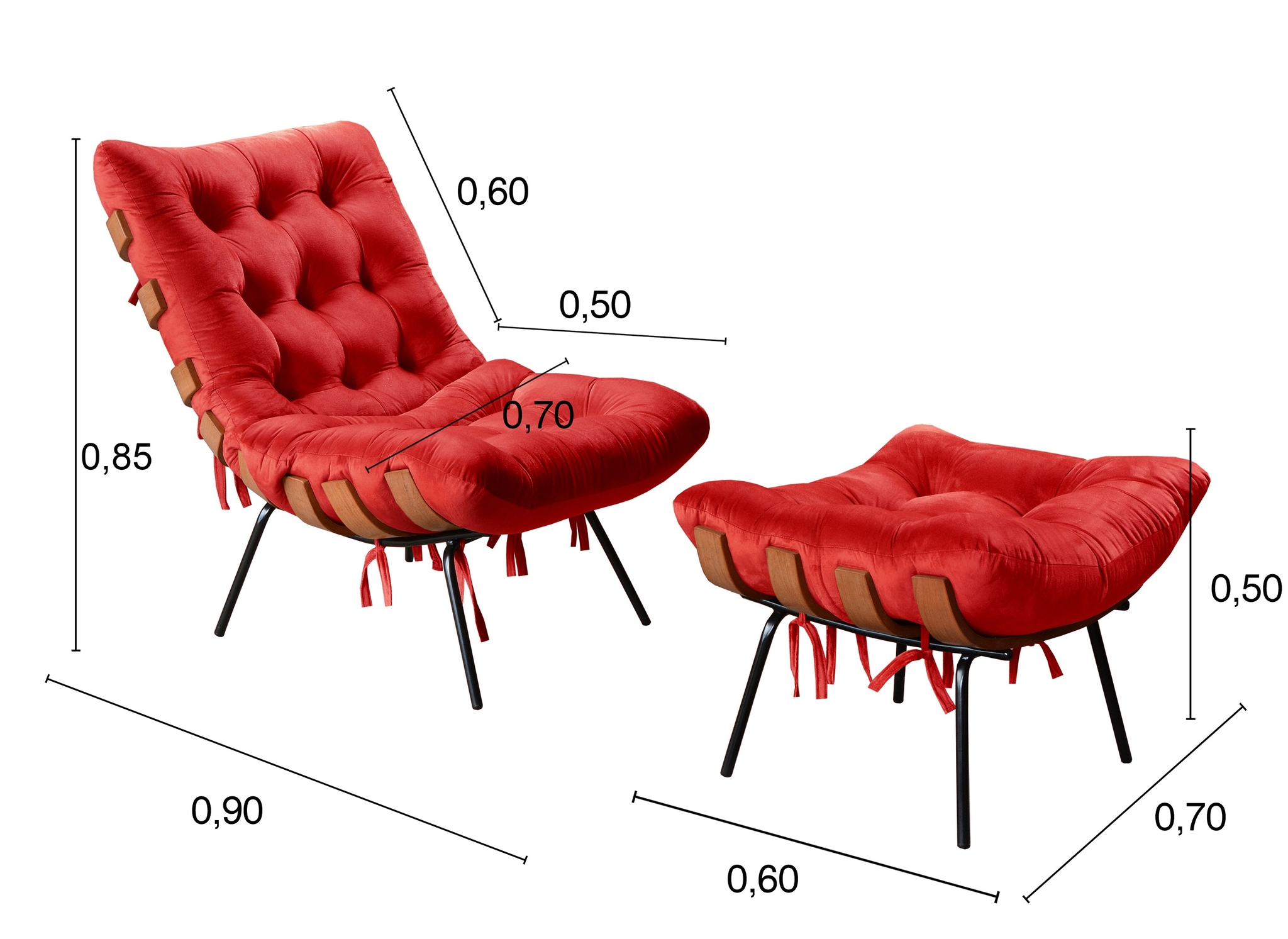 Poltrona Com Puff Costela Base Fixa Suede Vermelho Bella Decor