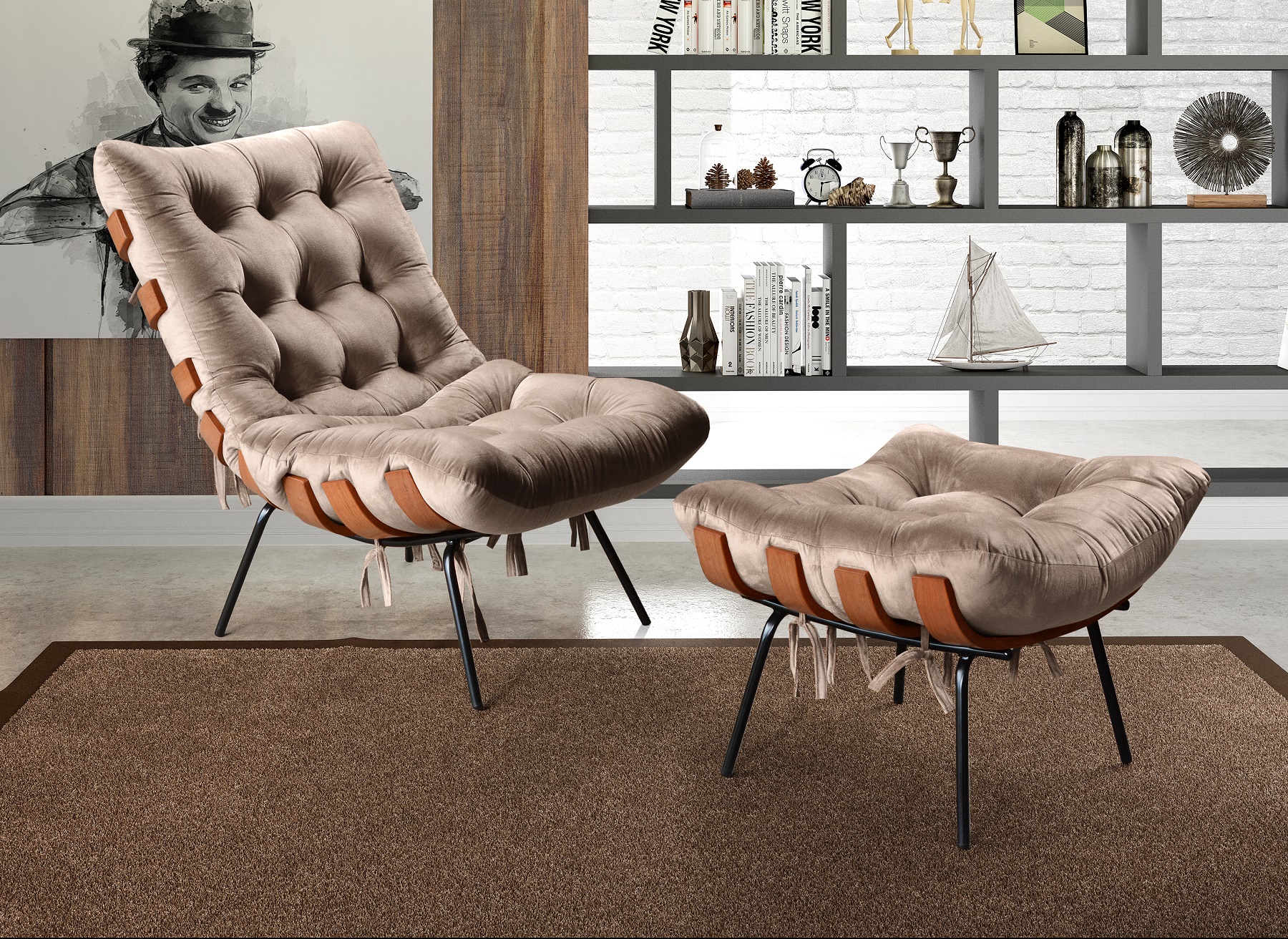 Poltrona Com Puff Costela Base Fixa Veludo Capuccino Bella Decor