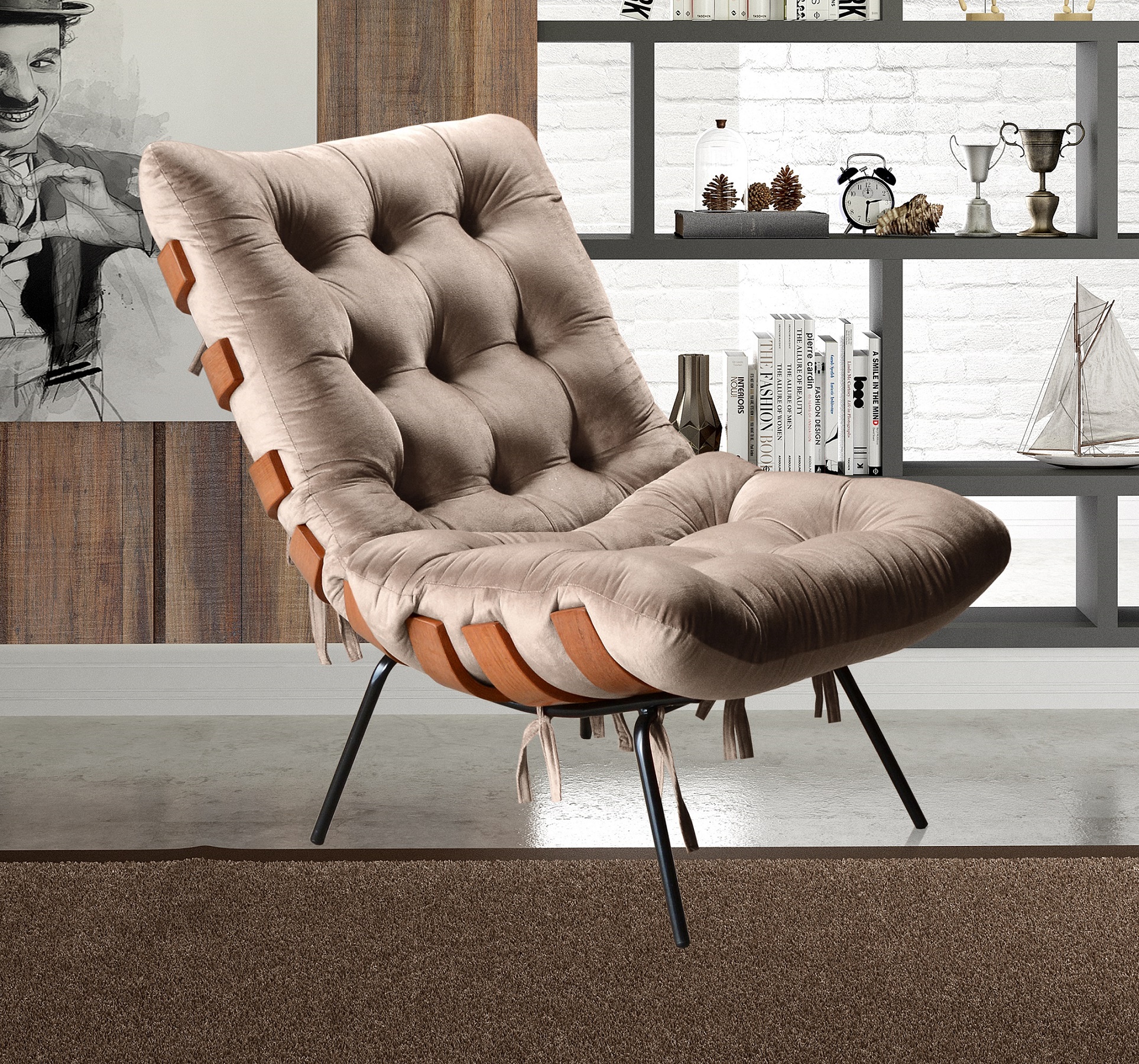 Poltrona Com Puff Costela Base Fixa Veludo Capuccino Bella Decor