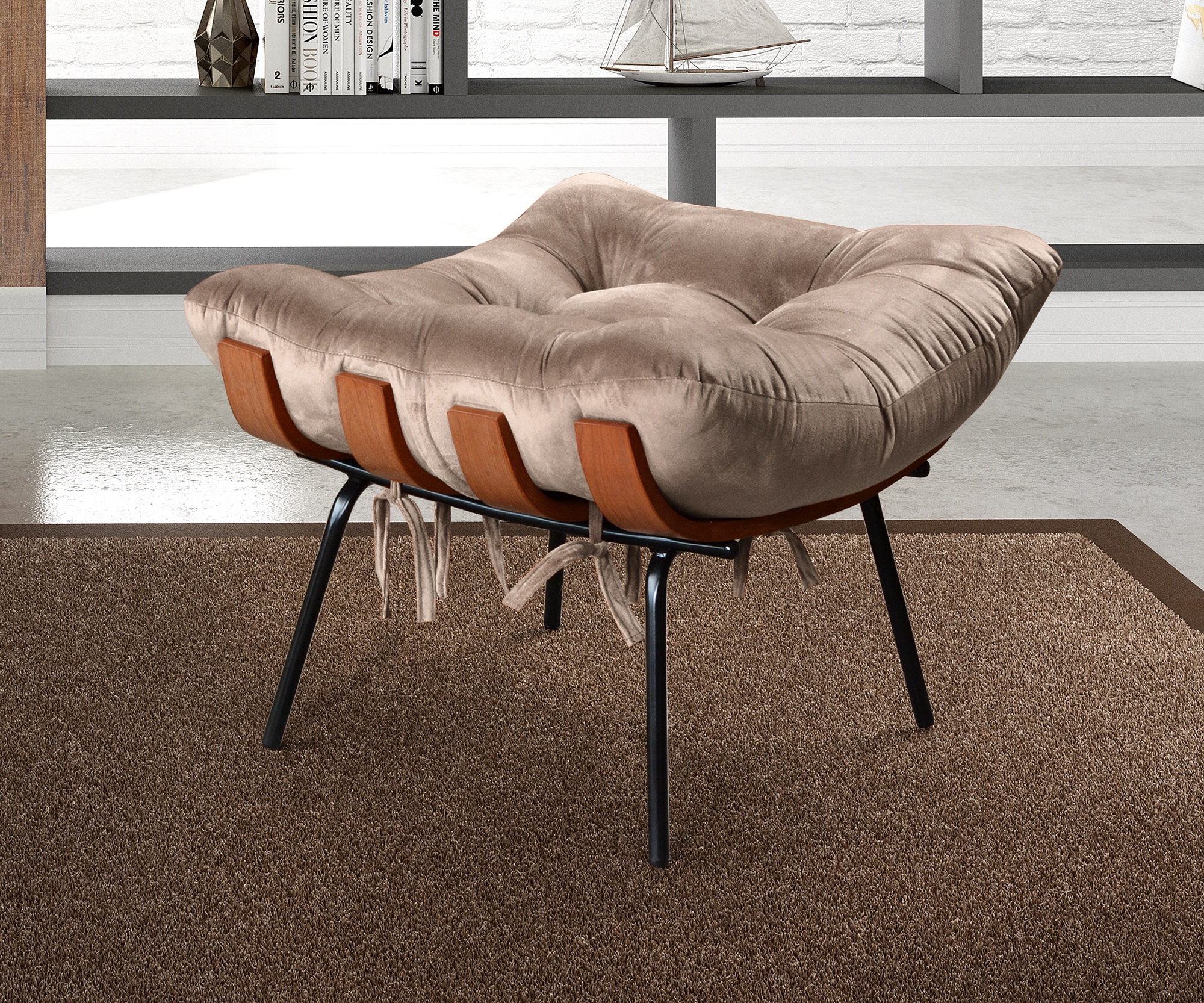 Poltrona Com Puff Costela Base Fixa Veludo Capuccino Bella Decor