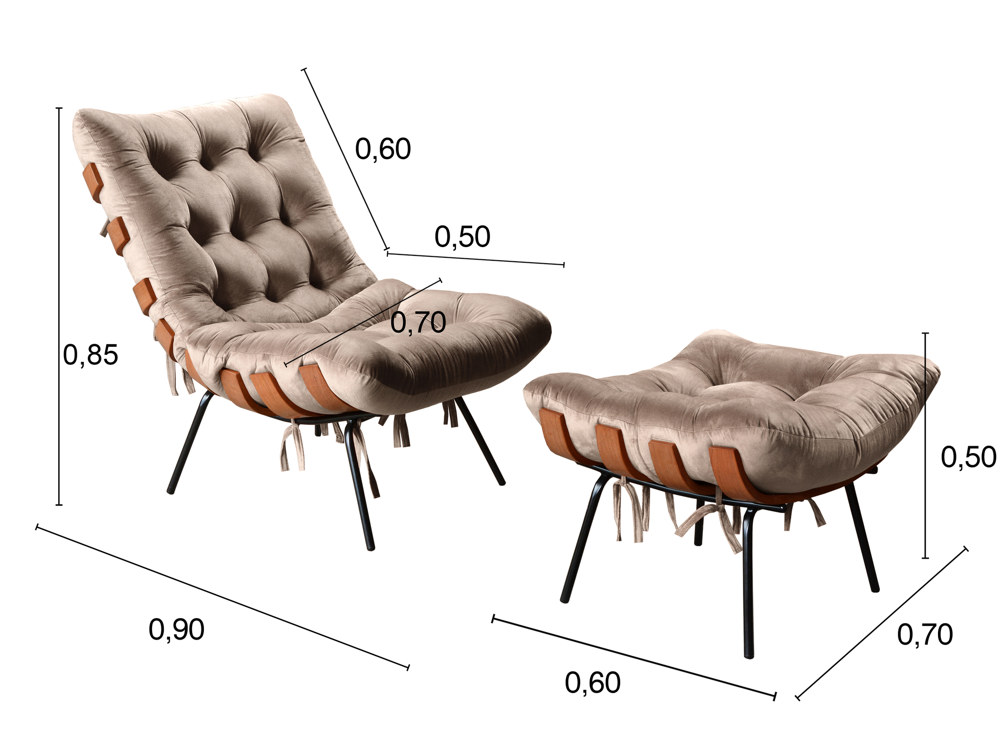 Poltrona Com Puff Costela Base Fixa Veludo Capuccino Bella Decor