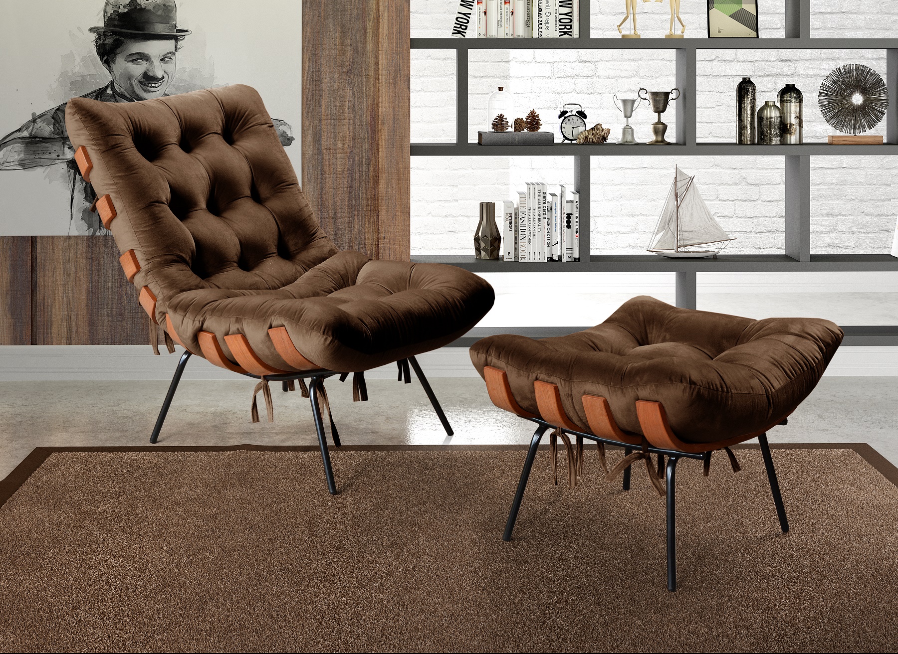 Poltrona Com Puff Costela Base Fixa Veludo Marrom Bella Decor