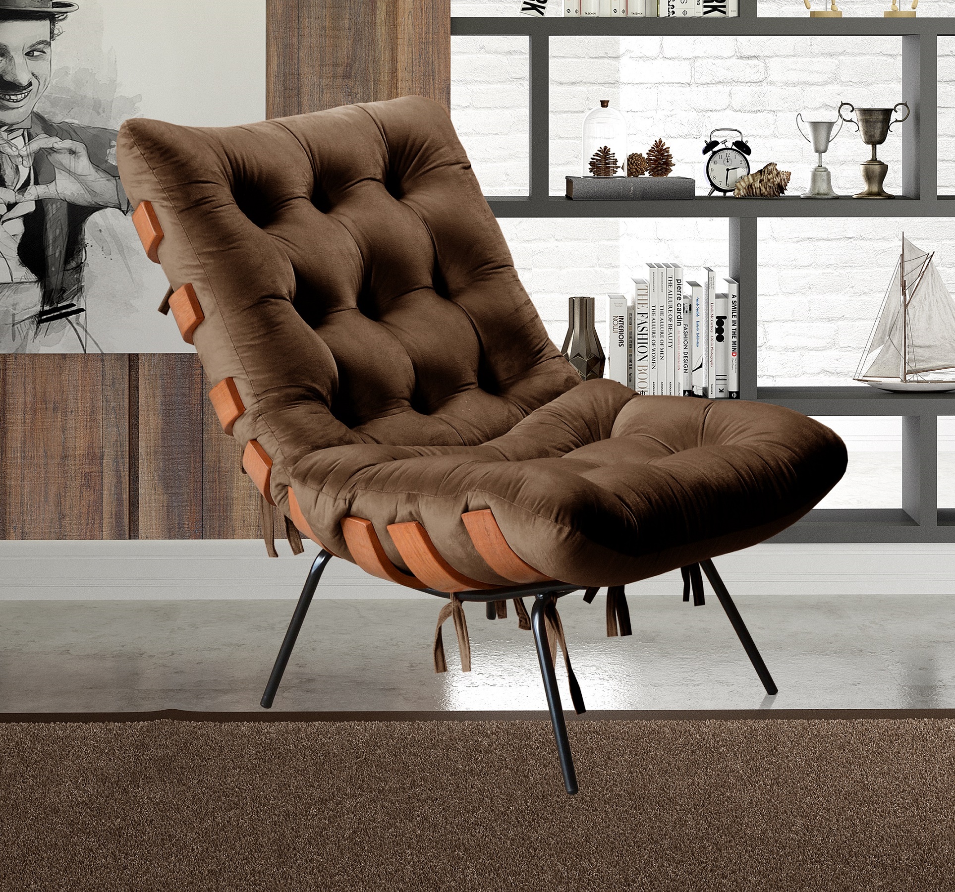 Poltrona Com Puff Costela Base Fixa Veludo Marrom Bella Decor