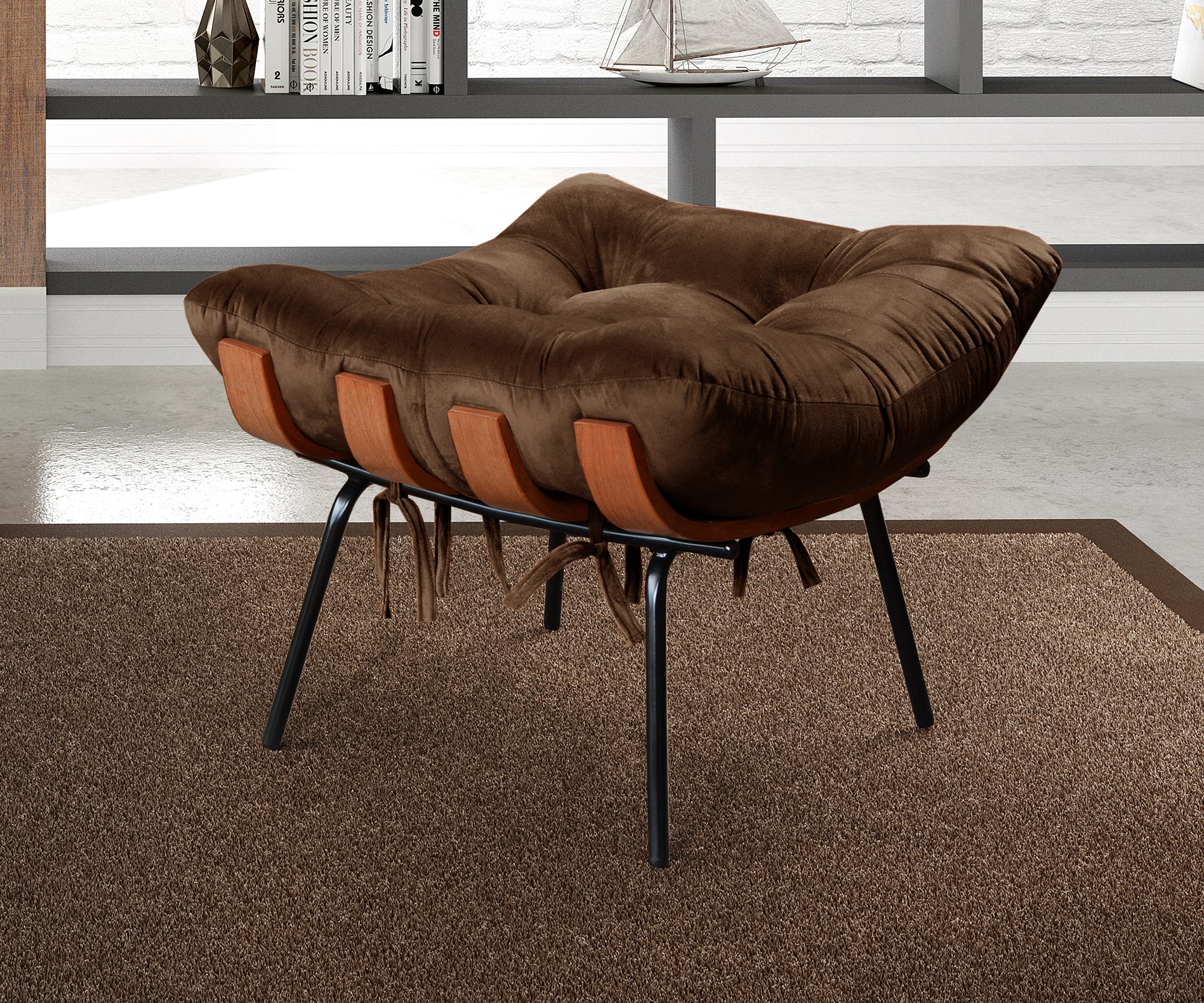 Poltrona Com Puff Costela Base Fixa Veludo Marrom Bella Decor